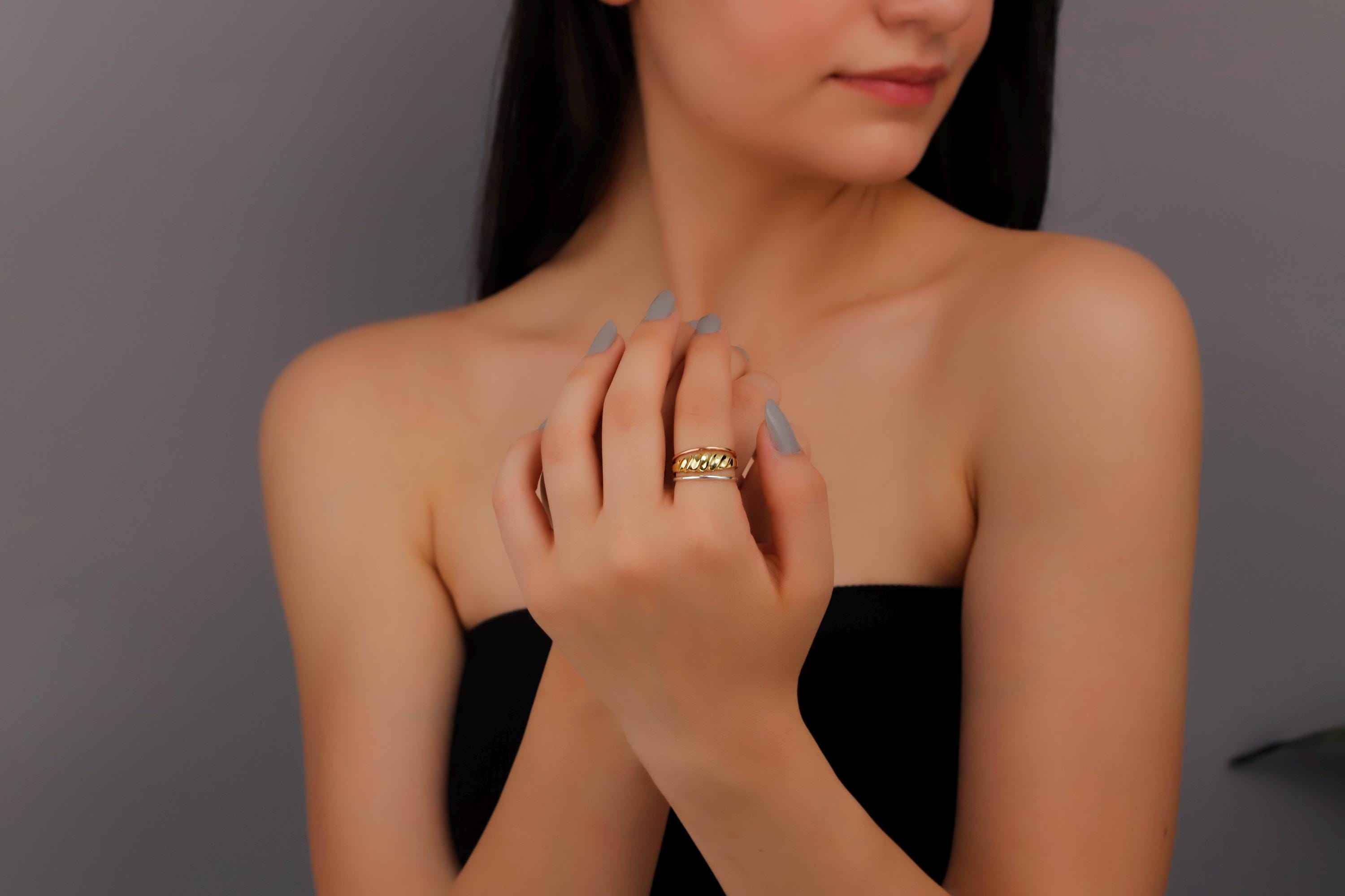 Bold & Chic Croissant Ring Set - 2 Twisted Bands & Statement Dome Ring, Elevate Your Style!