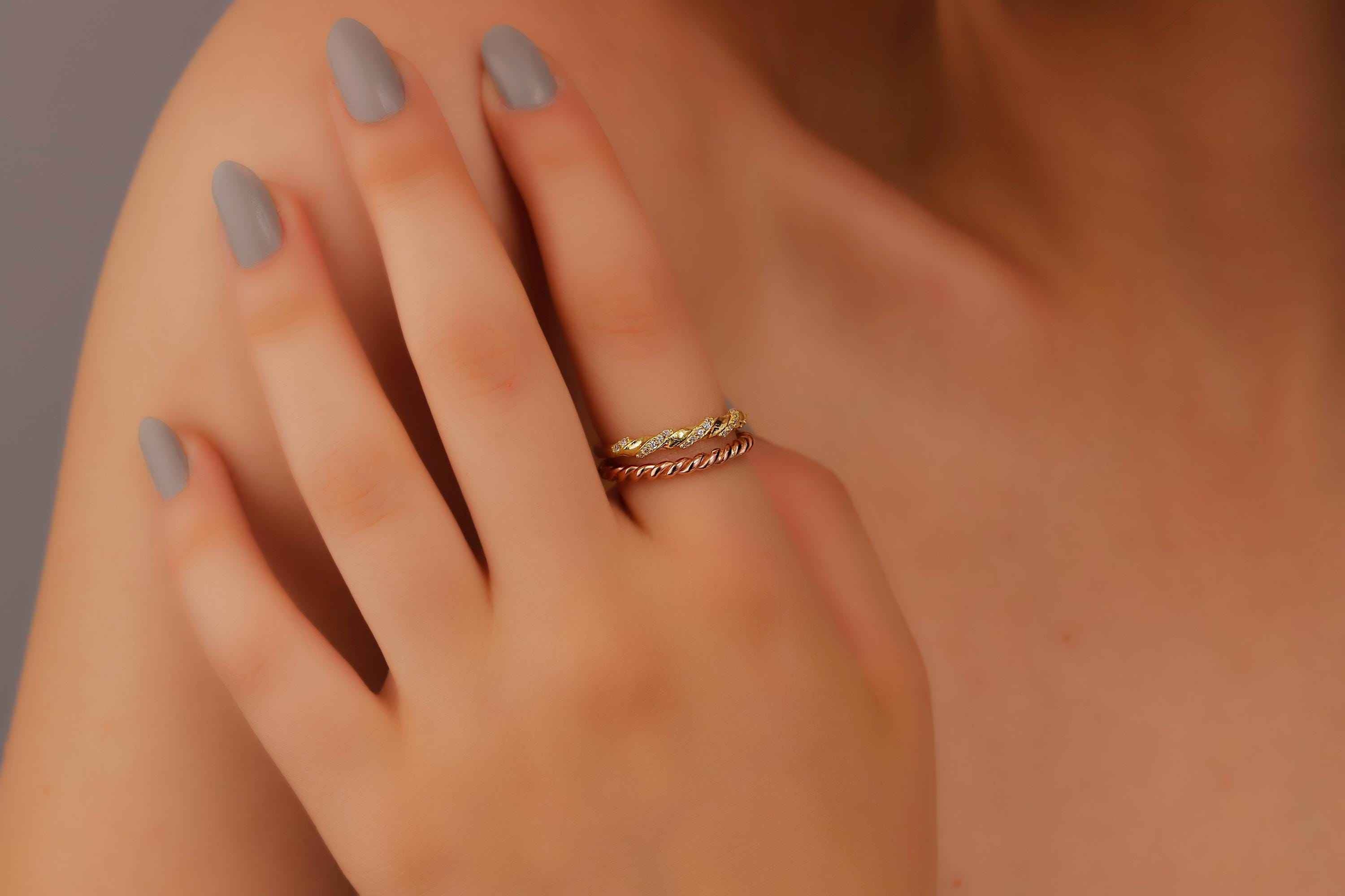 Twisted Rose Gold Diamond Ring Set - Sparkling Pave Design for Stunning Stacking