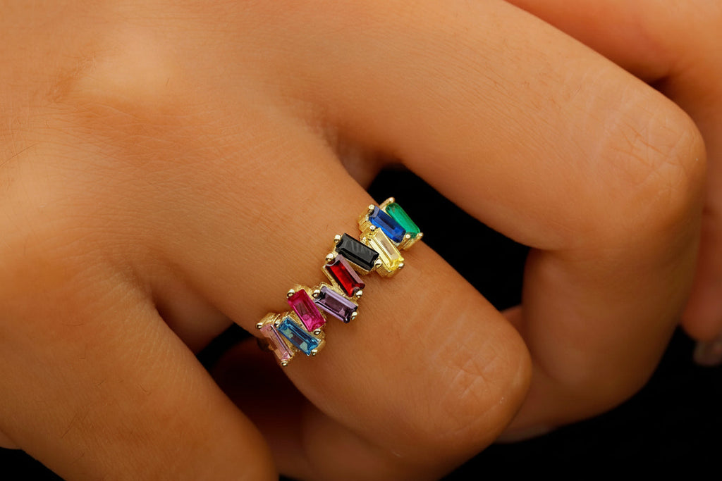 Dainty Baguette Ring with Multicolor Gemstones in 925 Sterling Silver
