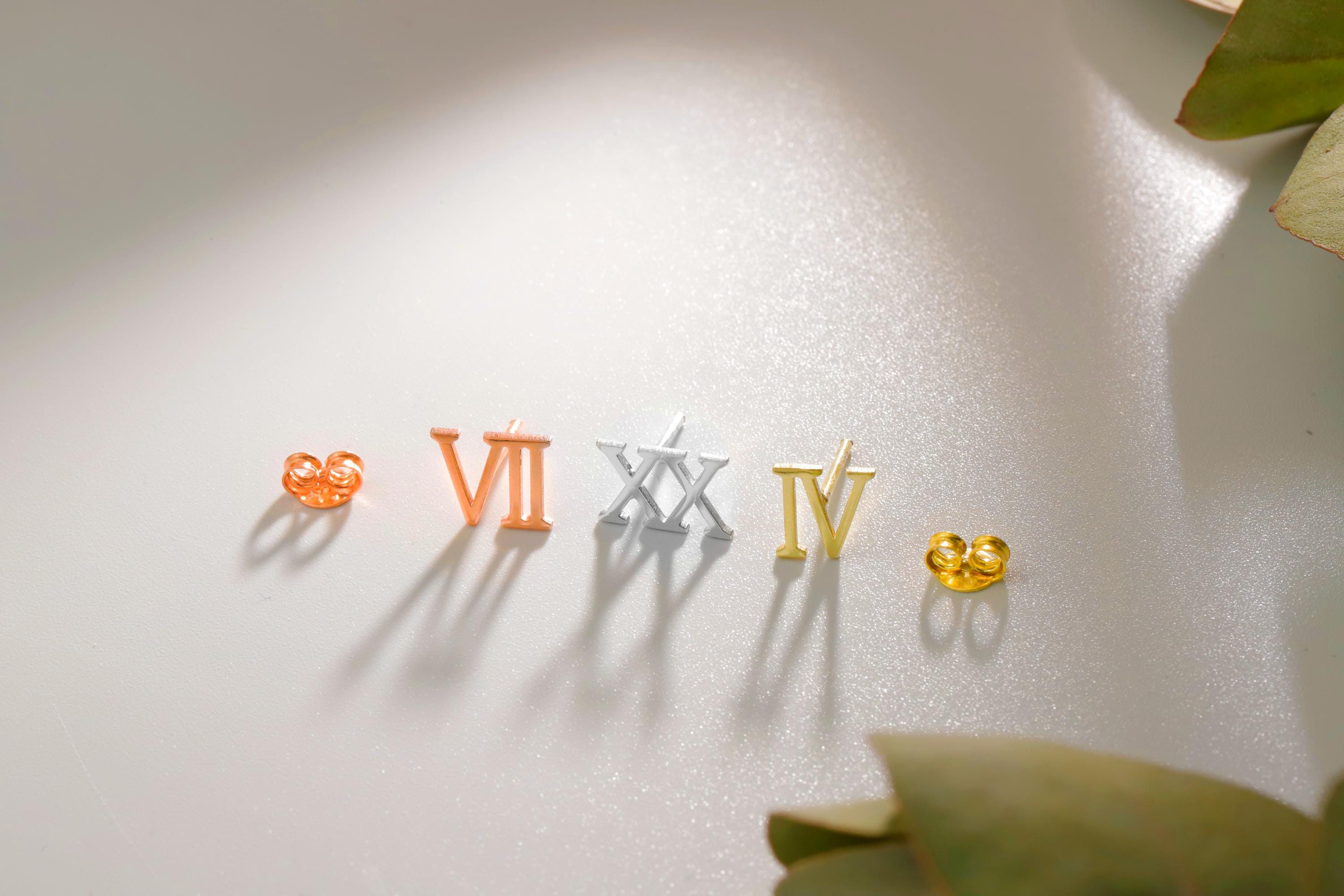 Roman Numeral Personalized Minimalist Earrings | Sterling Silver & Gold Dainty Studs for Unique Gifts
