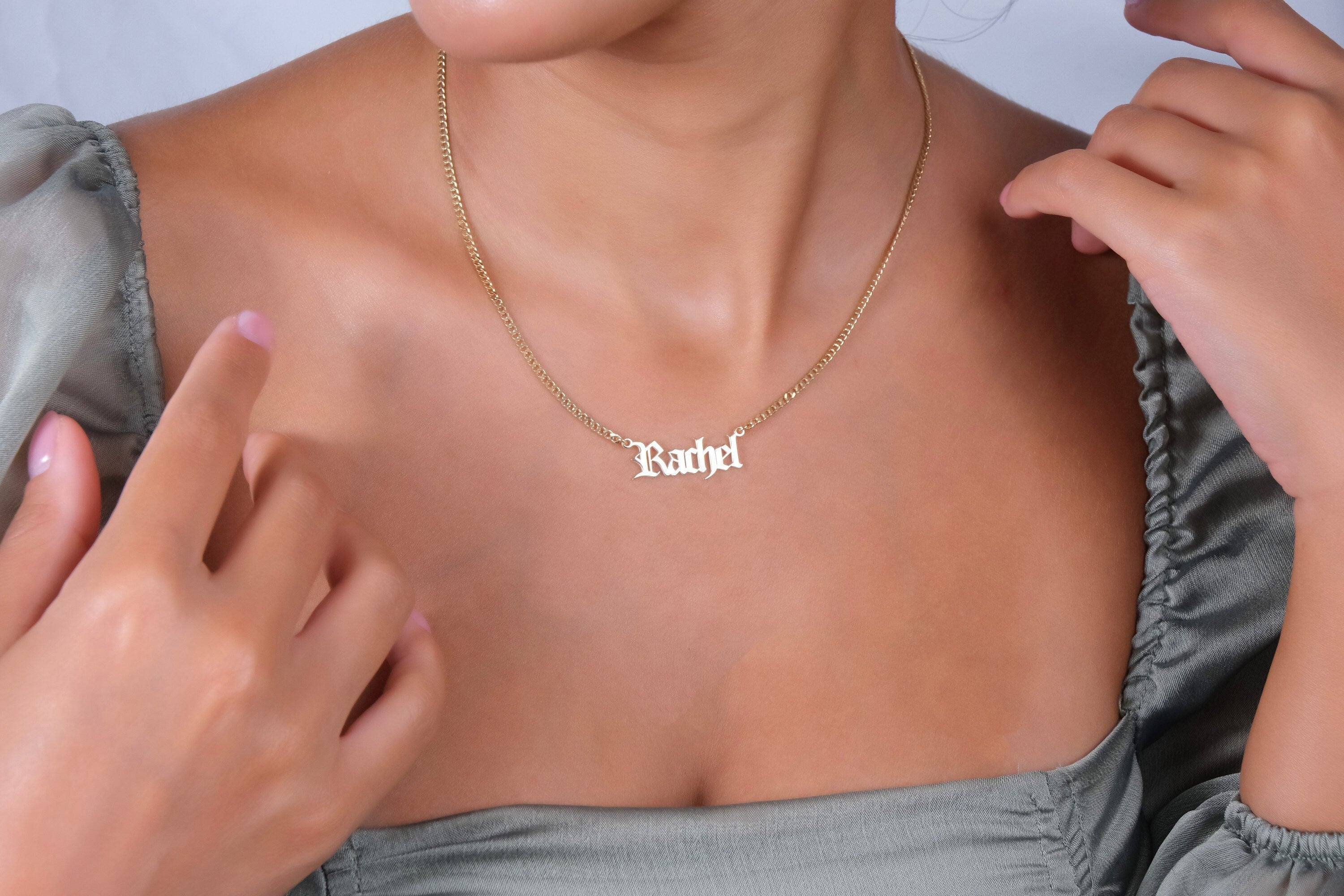Gothic Old English Name Necklace with Curb Chain in 925 Sterling Silver