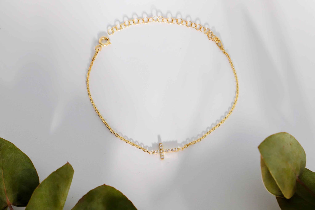 Gleam & Grace Gold Cross Bracelet with Diamond - Dainty Gift for Women