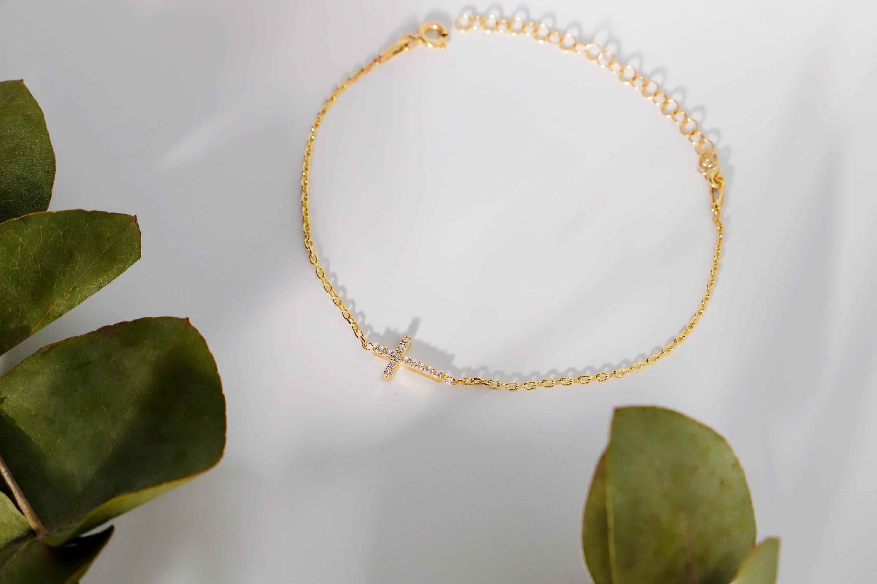 Gleam & Grace Gold Cross Bracelet with Diamond - Dainty Gift for Women