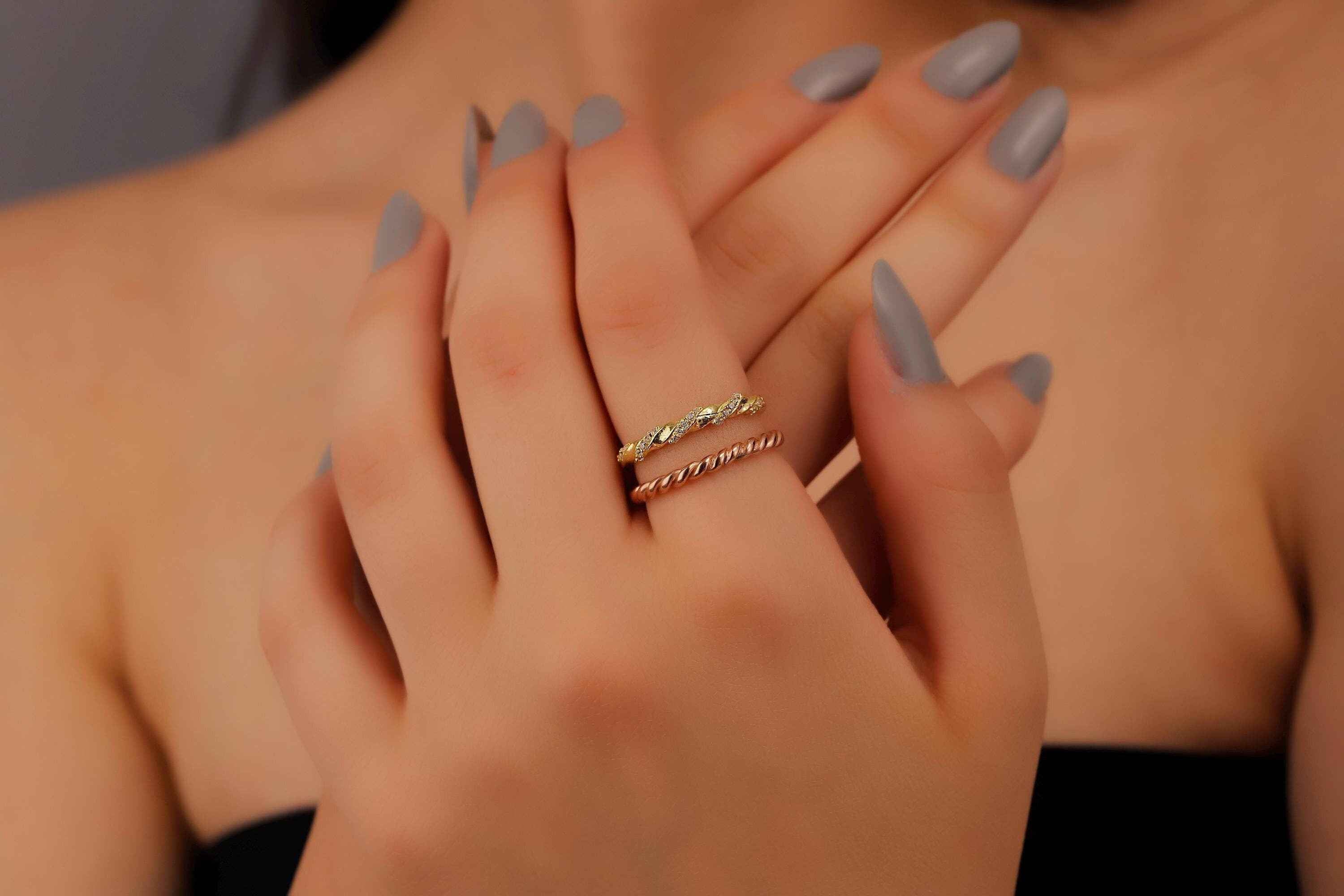 Twisted Rose Gold Diamond Ring Set - Sparkling Pave Design for Stunning Stacking