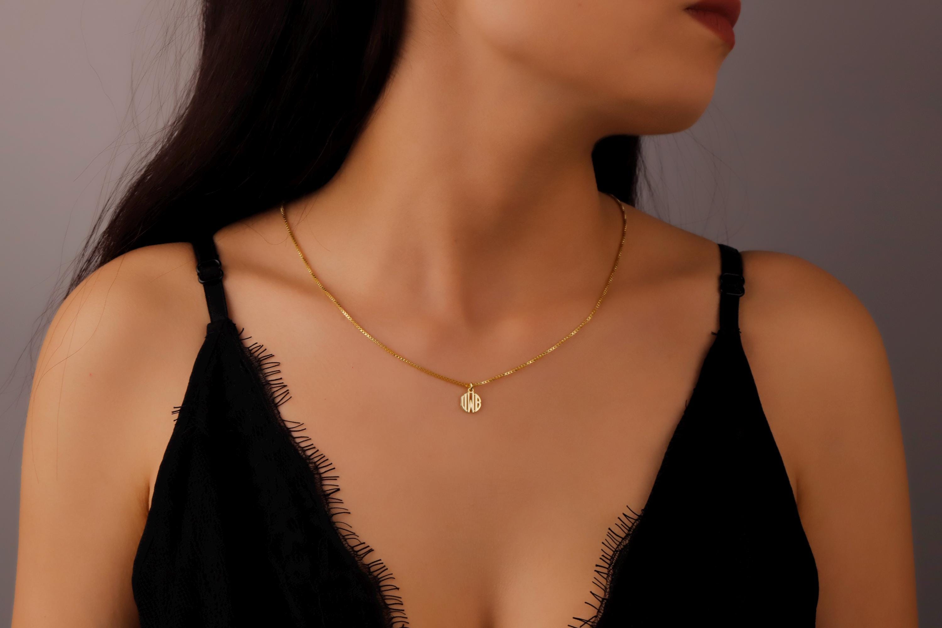 Elegant Essence Monogram Necklace with Box Chain | Dainty Sterling Silver Initials | Personalized Gold Letter Jewelry