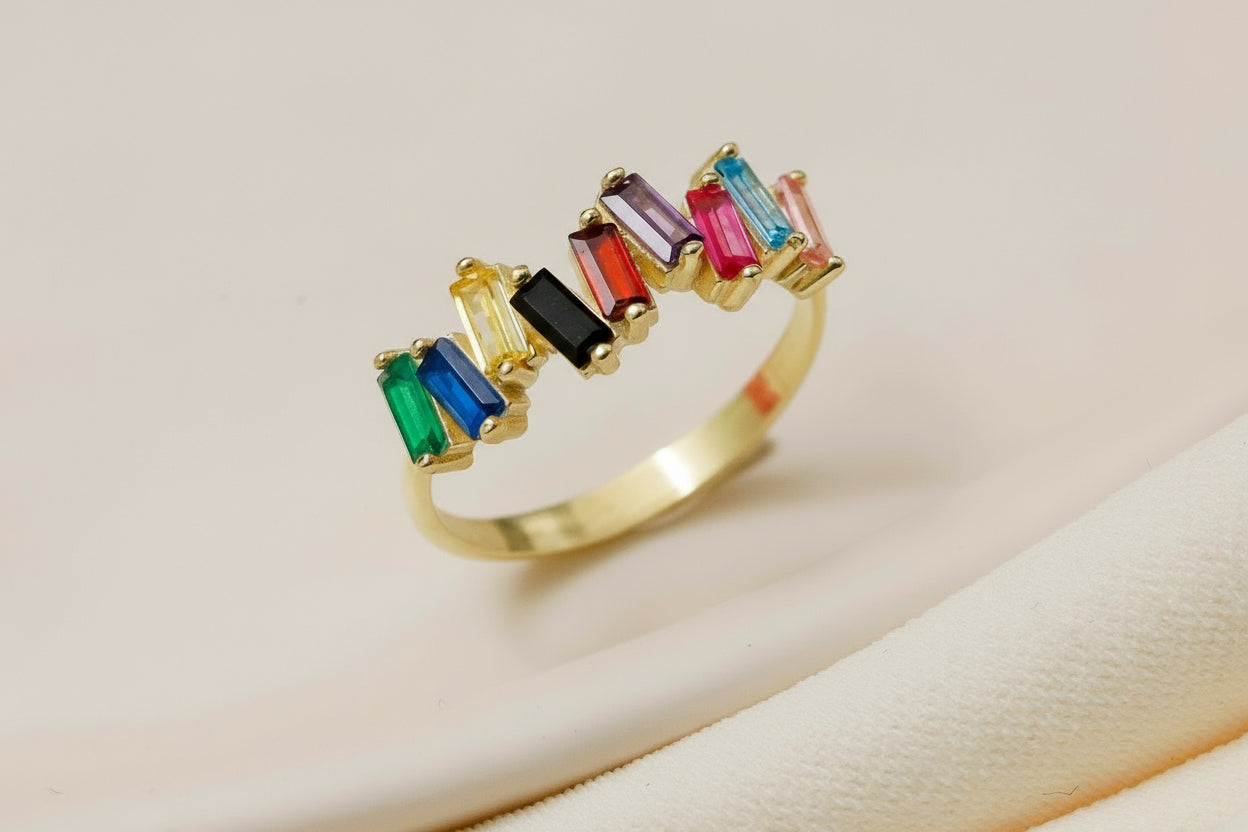 Dainty Baguette Ring with Multicolor Gemstones in 925 Sterling Silver