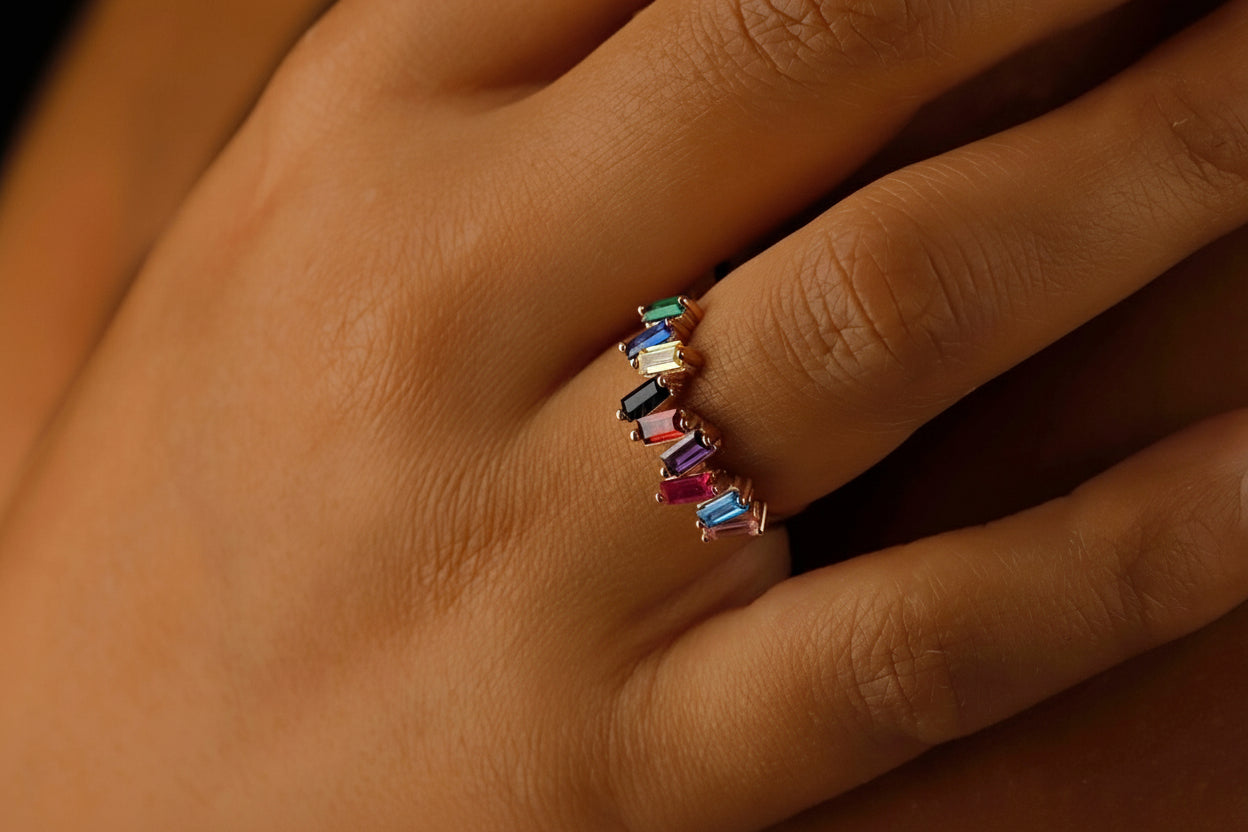 Dainty Baguette Ring with Multicolor Gemstones in 925 Sterling Silver