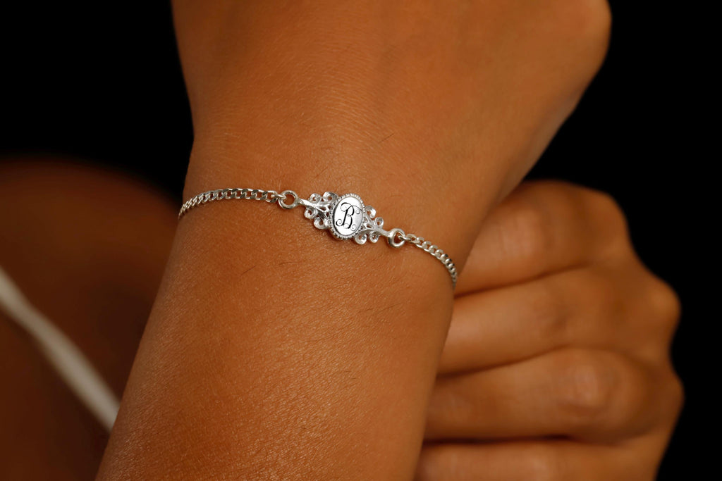 Personalized Vintage Letter Bracelet | 925 Sterling Silver | Birth Flower & Monogram Gift