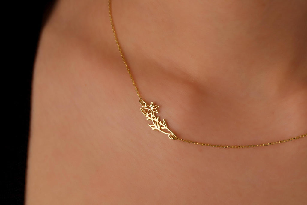 Personalized Sideways Birth Flower Necklace in 925 Sterling Silver