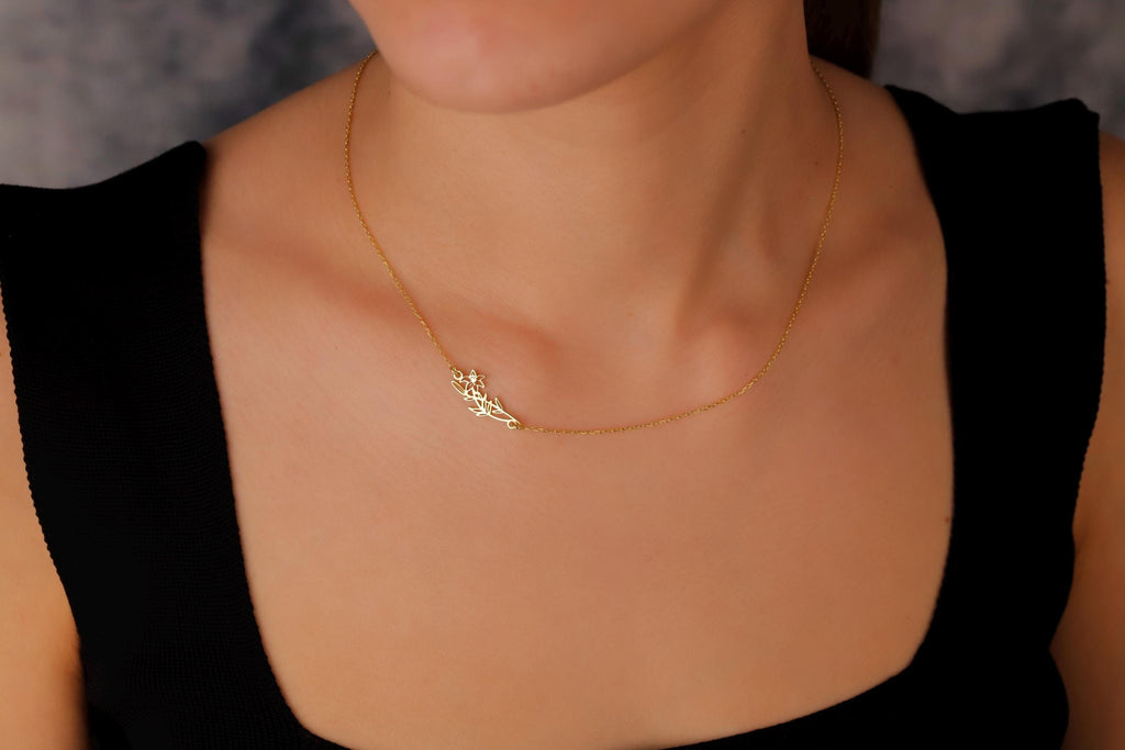 Personalized Sideways Birth Flower Necklace in 925 Sterling Silver