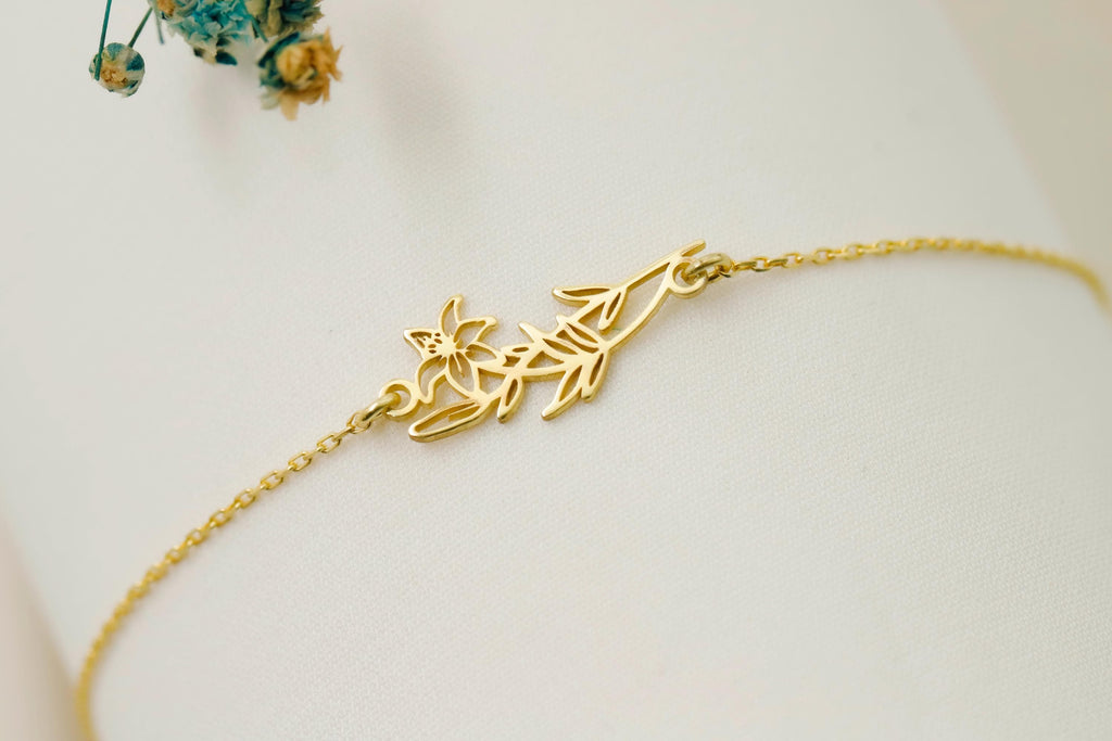 Personalized Sideways Birth Flower Necklace in 925 Sterling Silver