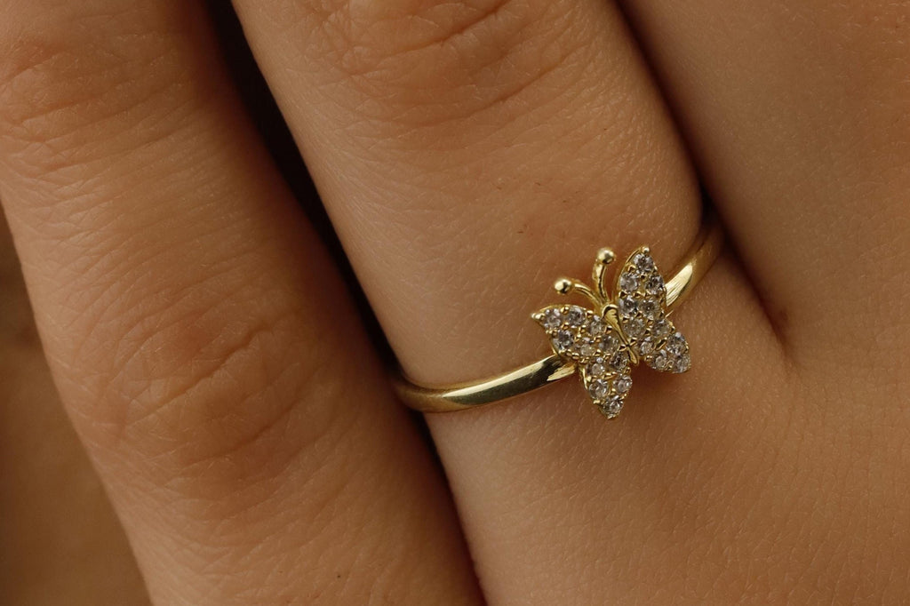 Butterfly Ring - Dainty Gold Minimalist Design with Sparkling Crystal Accents