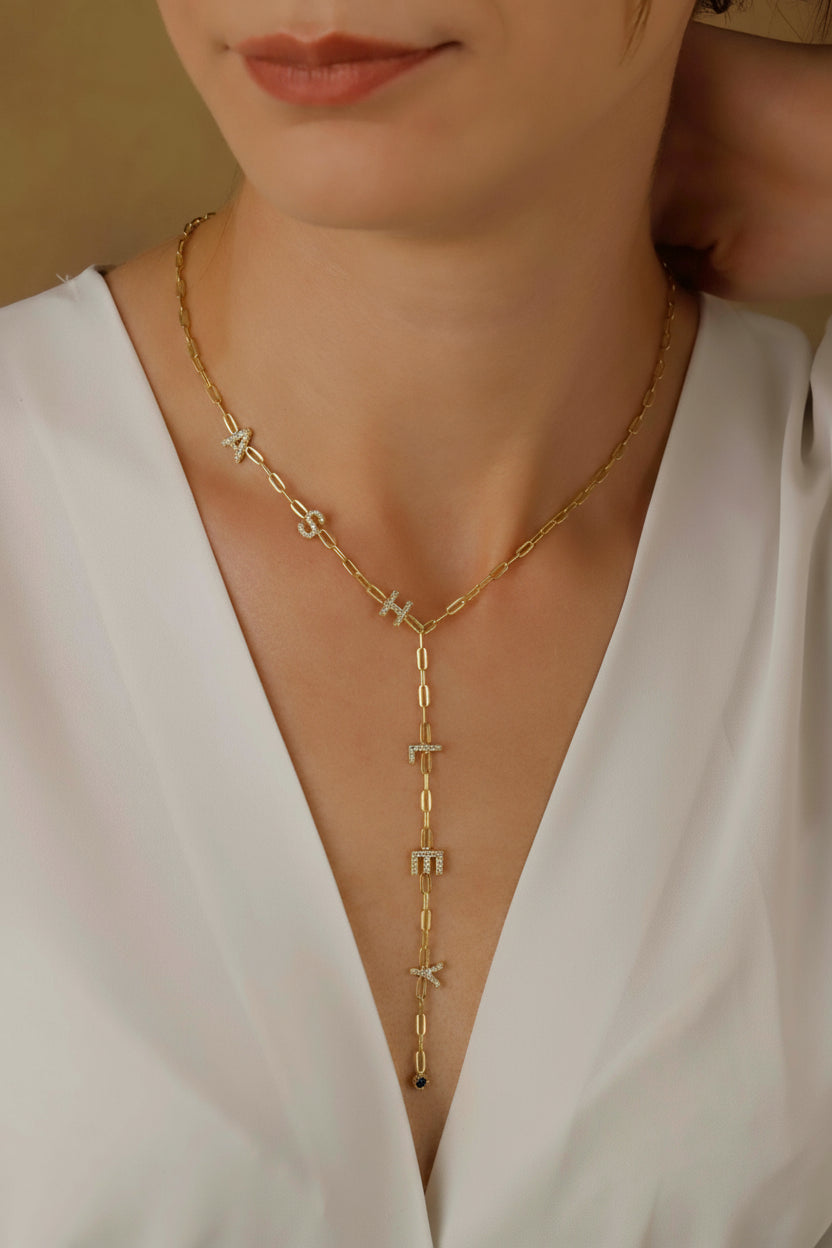 Lariat Y Necklace • Personalized Birthstone & CZ Letter Jewelry