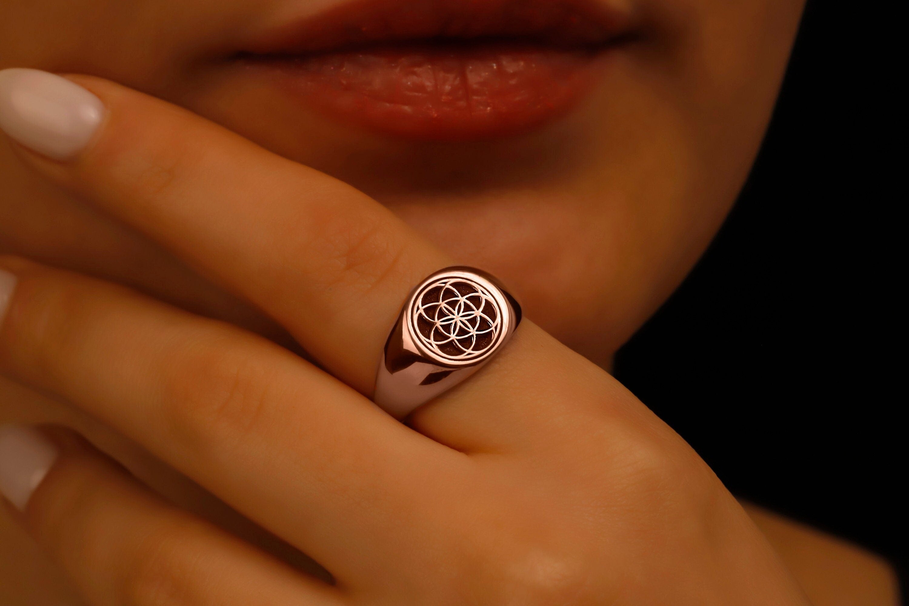 14K Gold Flower of Life Signet Ring - Stunning Sterling Silver Jewelry