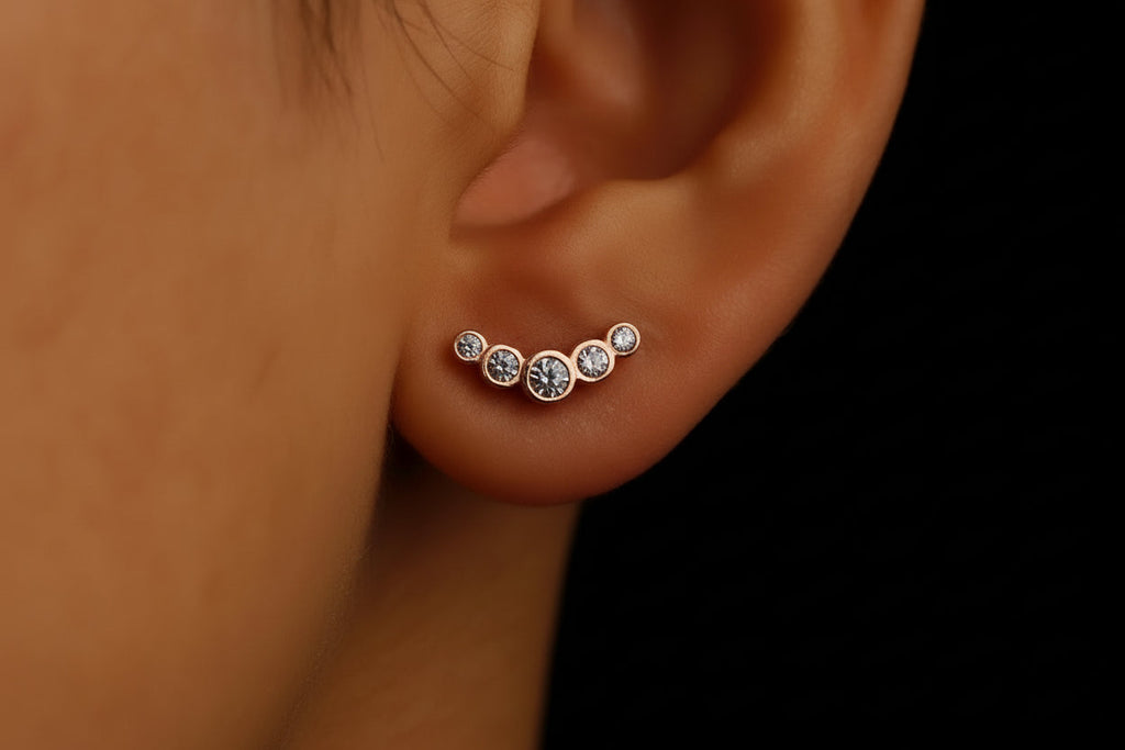Tiny Climber Flat Back CZ Stud Earrings | 925 Sterling Silver | Five Stone Pave Design | Unique Gift for Her