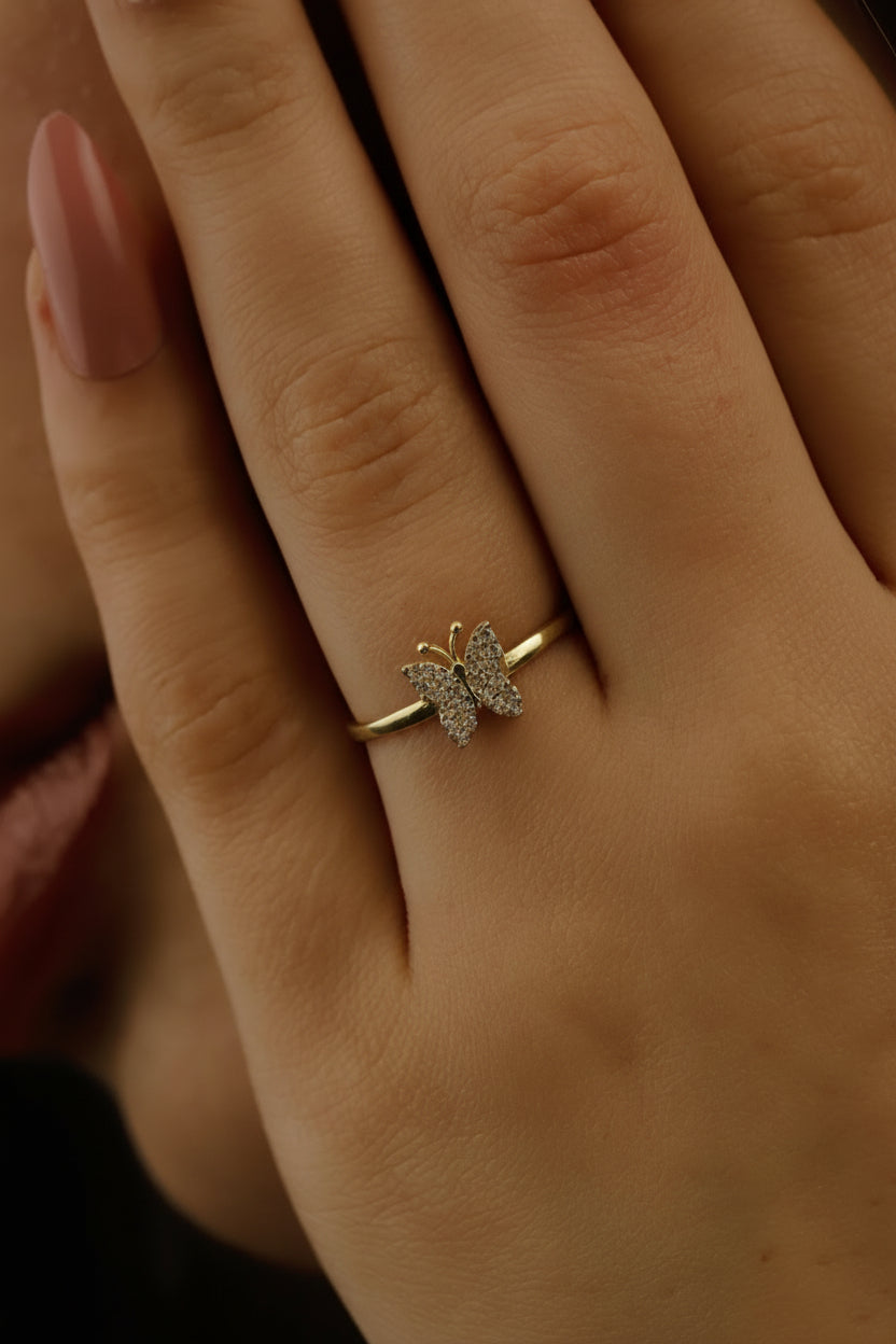 Butterfly Ring - Dainty Gold Minimalist Design with Sparkling Crystal Accents