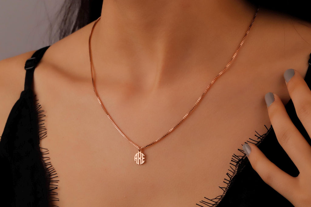 Elegant Essence Monogram Necklace with Box Chain | Dainty Sterling Silver Initials | Personalized Gold Letter Jewelry