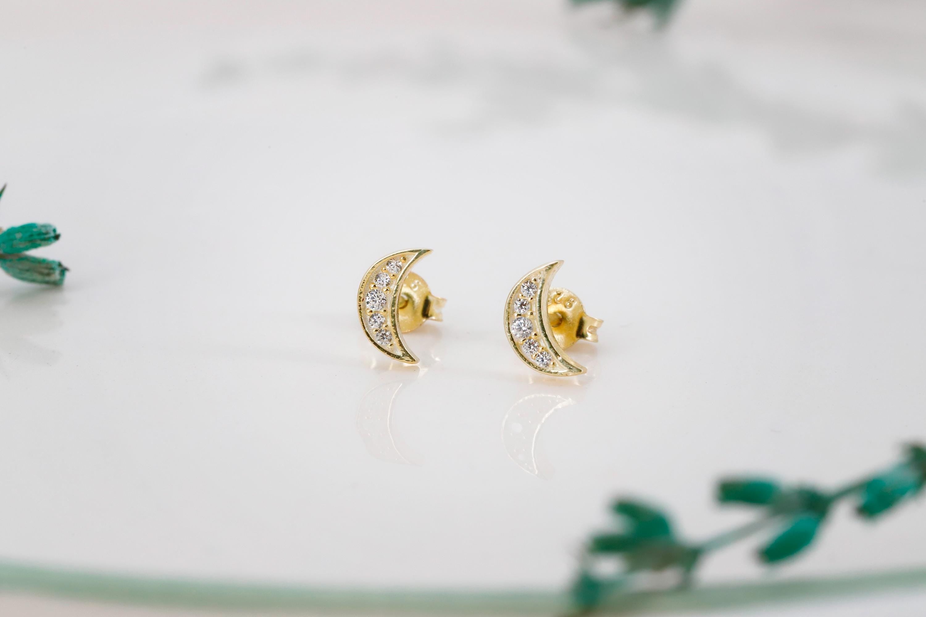 Luna Luxe Crescent Moon Studs • Dainty CZ Stone Earrings in Sterling Silver, Rose Gold, and Gold
