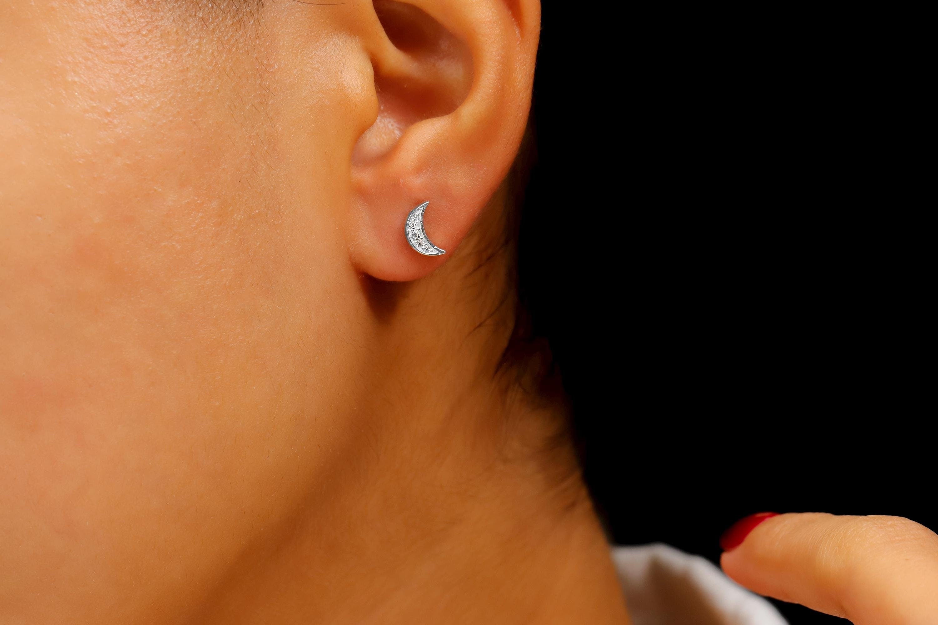 Luna Luxe Crescent Moon Studs • Dainty CZ Stone Earrings in Sterling Silver, Rose Gold, and Gold