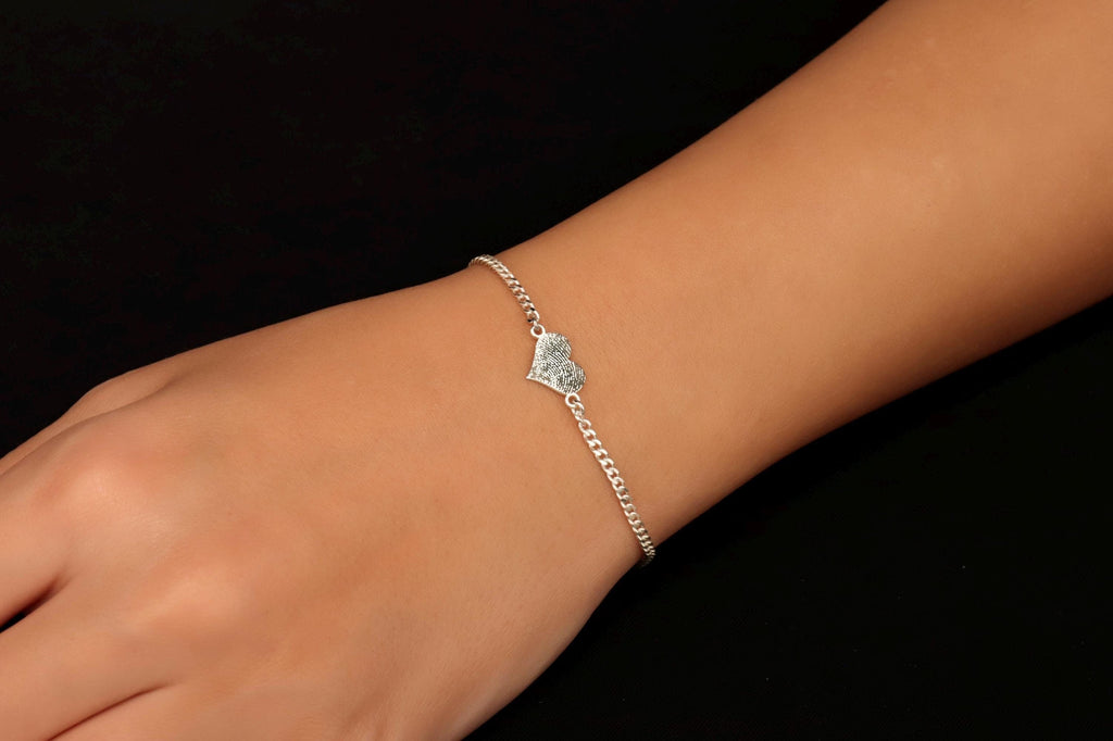 Fingerprint Heart Bracelet - Custom Sterling Silver Engraved Heart Jewelry - Personalize with Your Loved One's Fingerprint