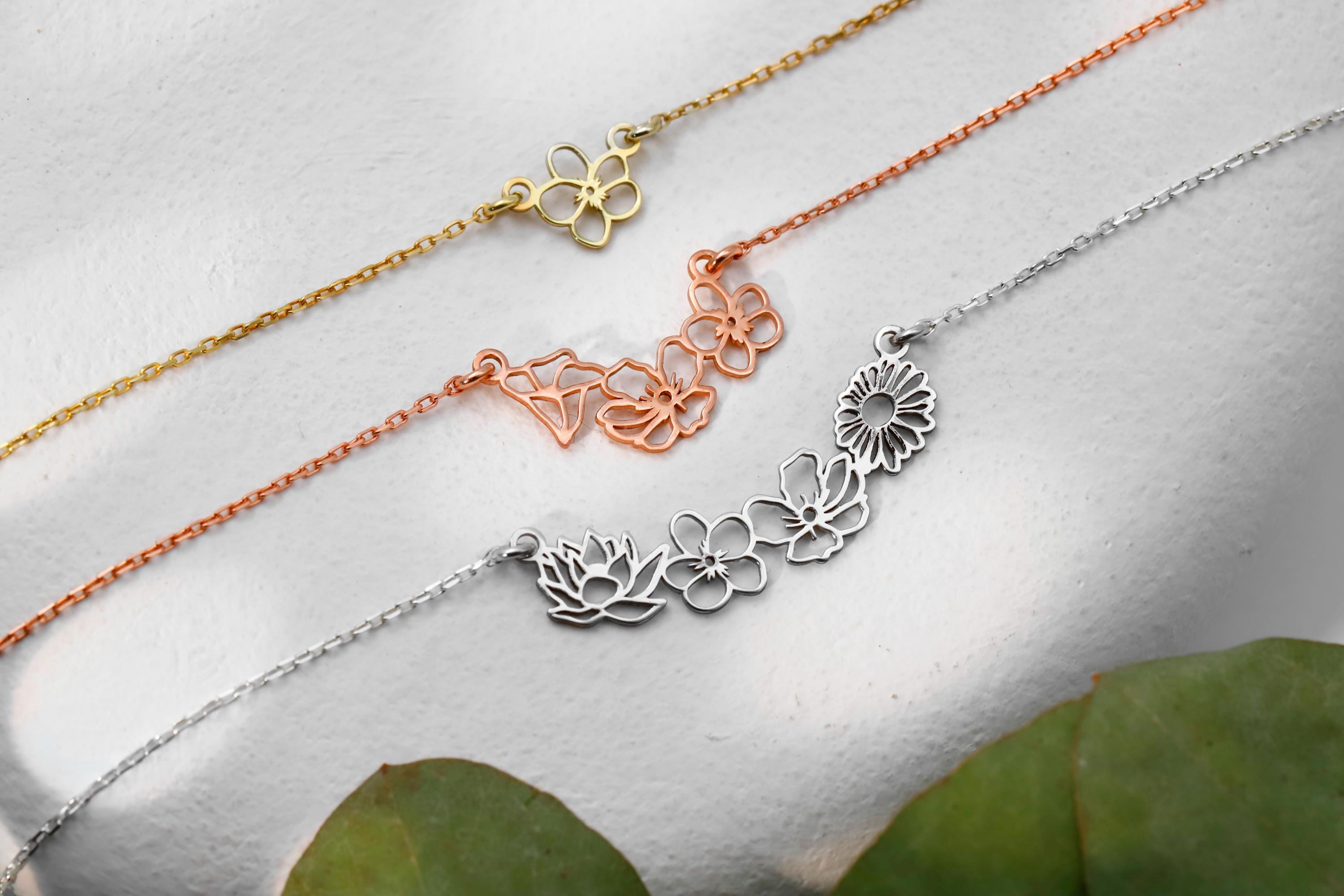 Blooming Gifts Birth Month Flower Necklace | Gold & Silver Interlocking Family Jewelry