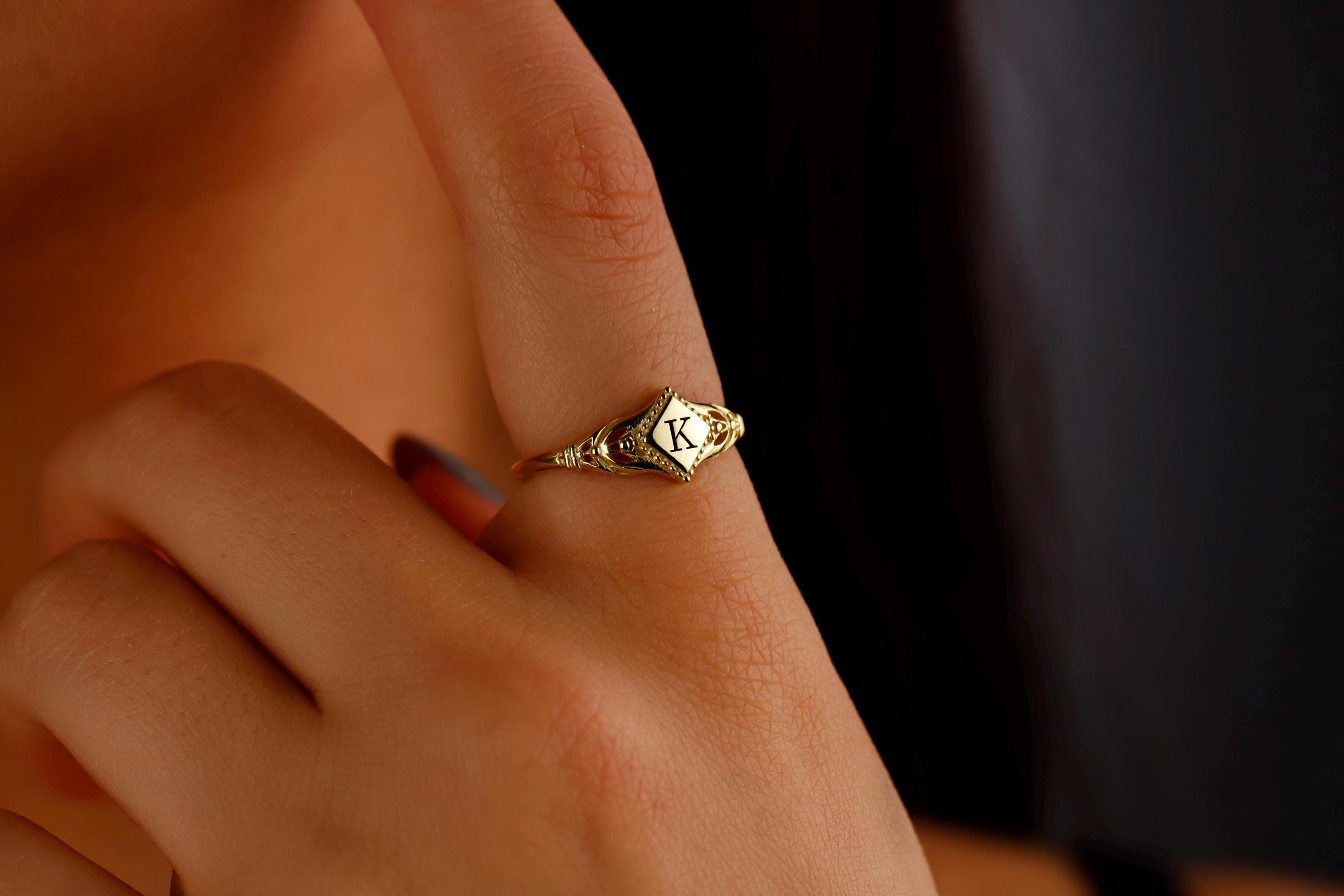 Gothic Initial Signet Ring • Customizable Dainty Pinky Jewelry