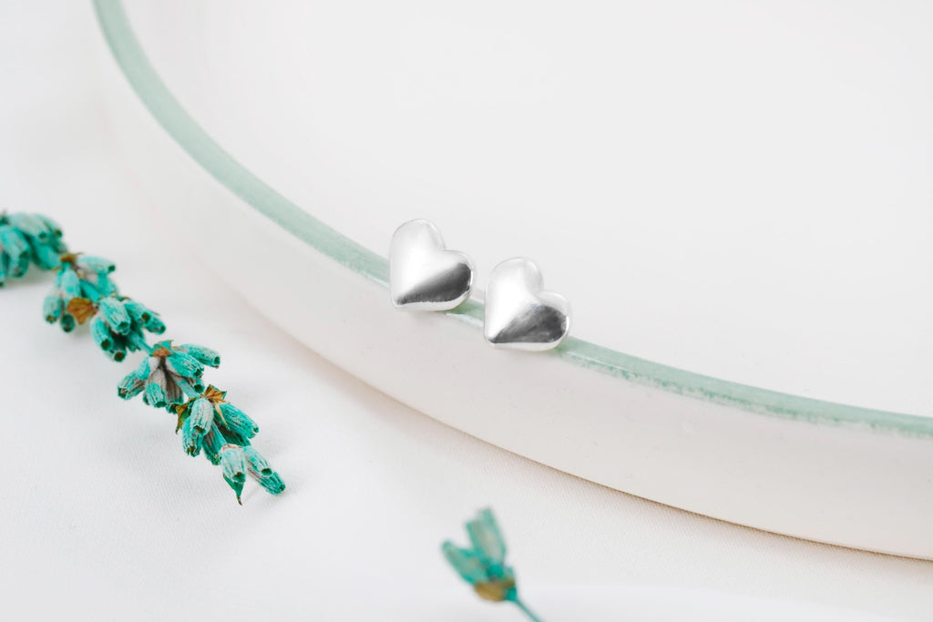 SilverGoldandRose Puff Heart Charm Stud Earrings - Romantic Minimalist Jewelry for Anniversaries