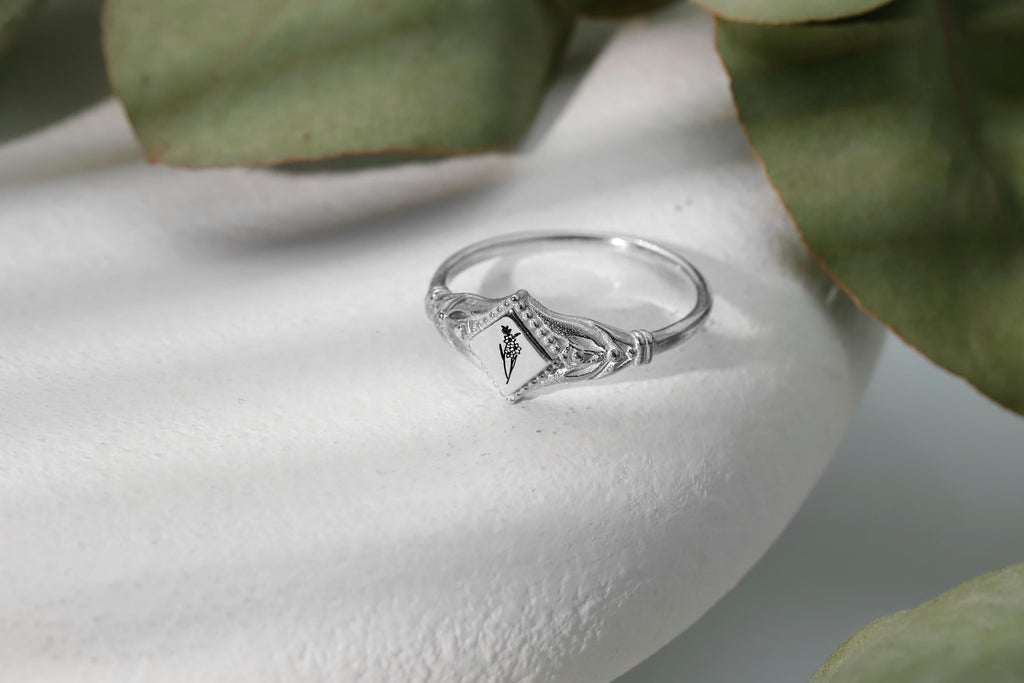 Bloom & Blossom Birth Month Flower Signet Ring - Custom Initial Pinky Ring - Dainty Goth Jewelry Gift