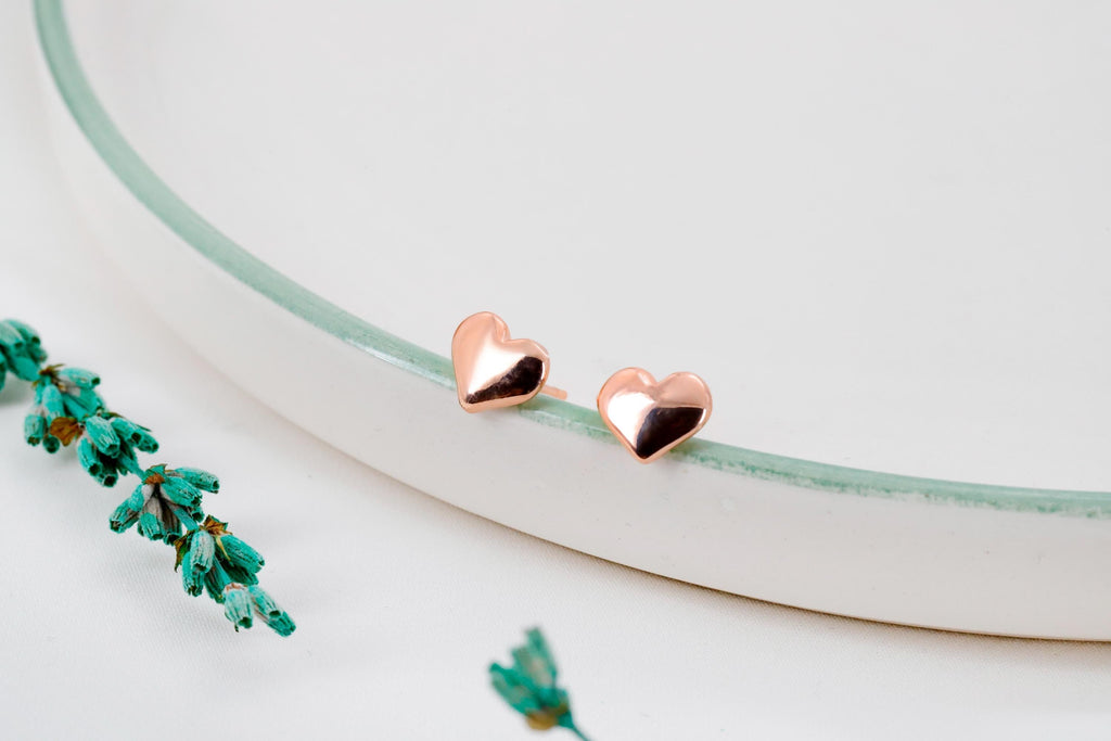 SilverGoldandRose Puff Heart Charm Stud Earrings - Romantic Minimalist Jewelry for Anniversaries