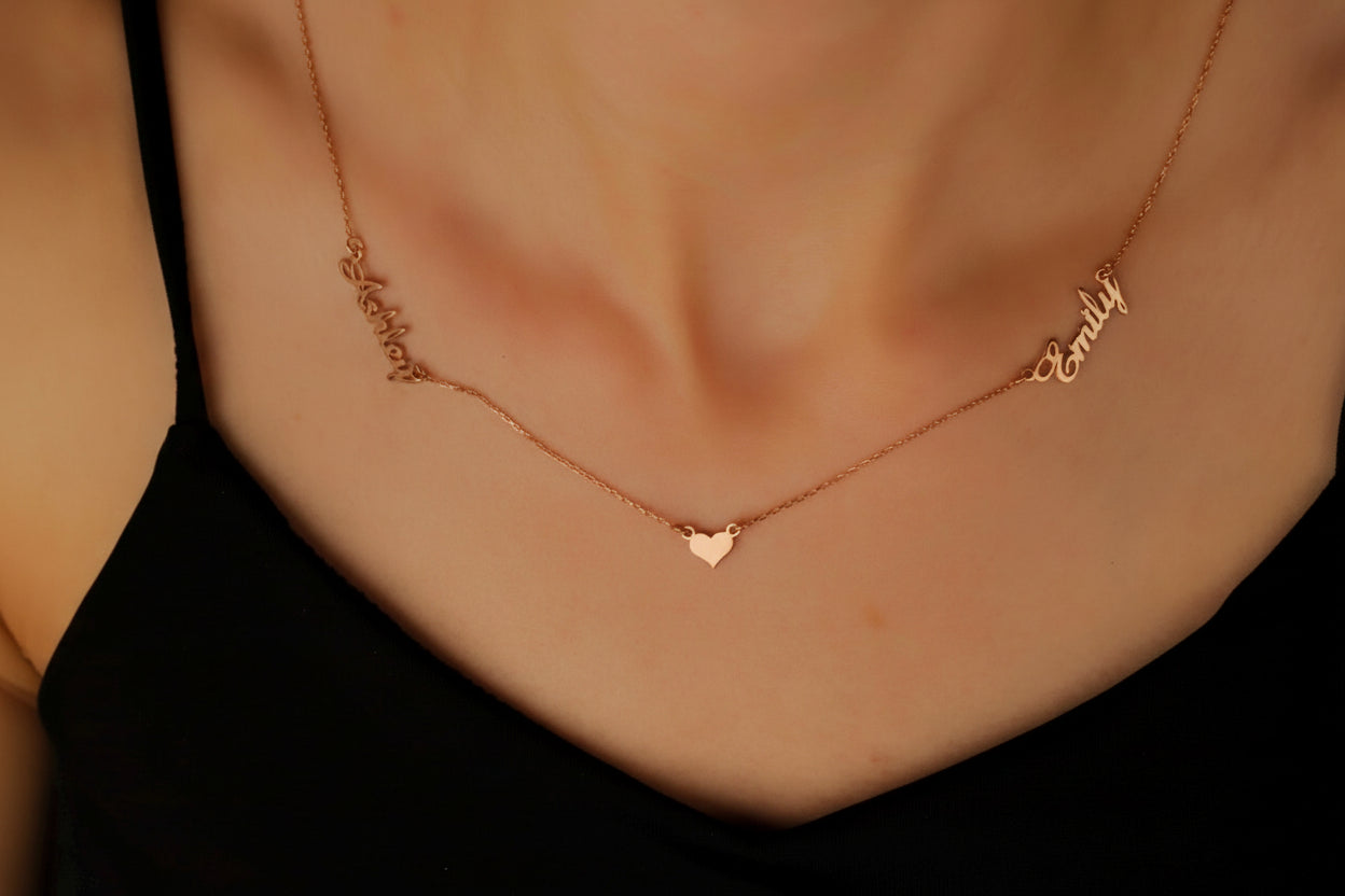 Gold Charm Co. Personalized Gold Heart Necklace with Two Names – Dainty Gift for Her in Gold, Rose & Silver
