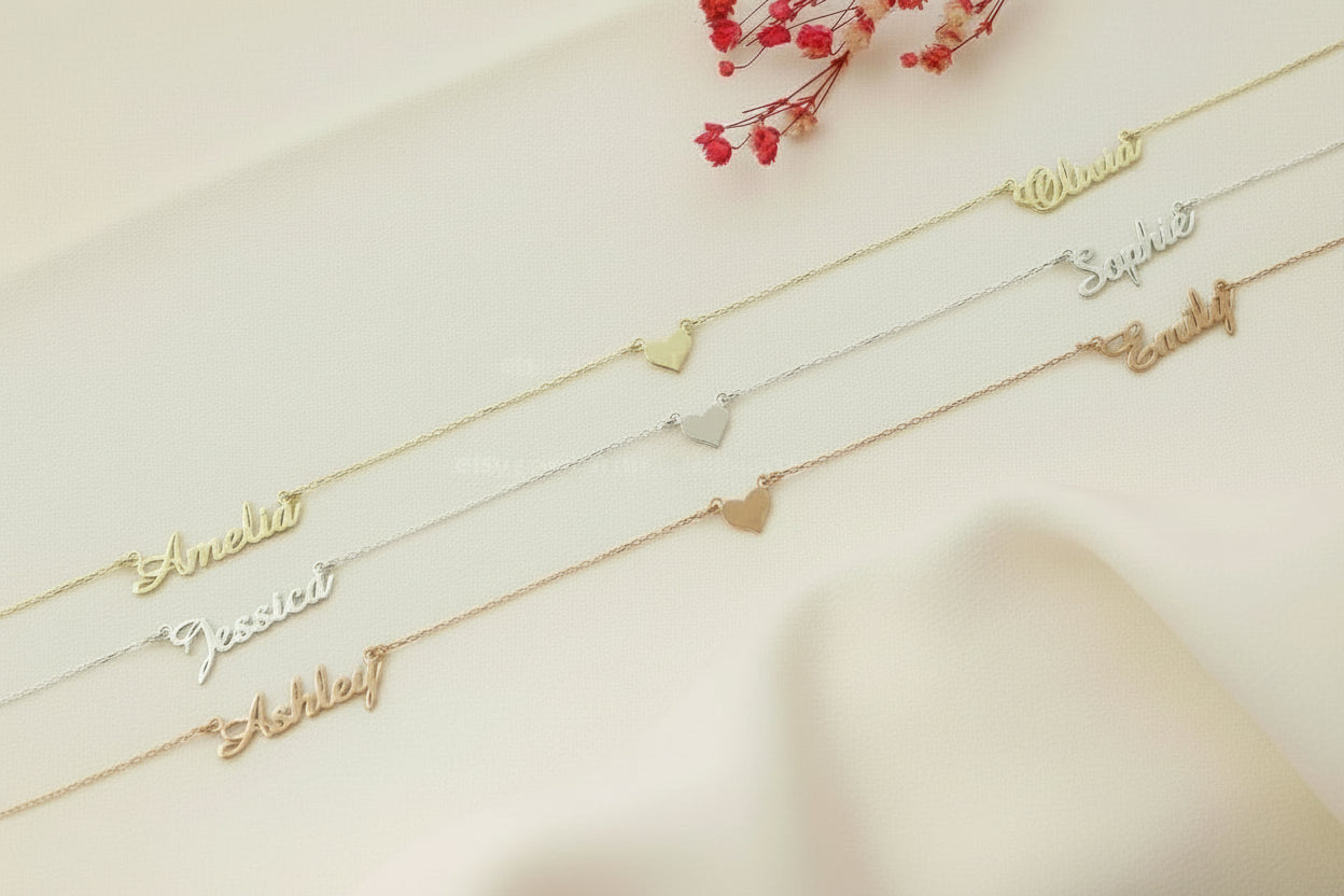 Gold Charm Co. Personalized Gold Heart Necklace with Two Names – Dainty Gift for Her in Gold, Rose & Silver