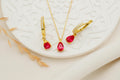 Radiant Ruby & 14K Gold Jewelry Set - Elegant Sterling Silver Drop Earrings & Necklace