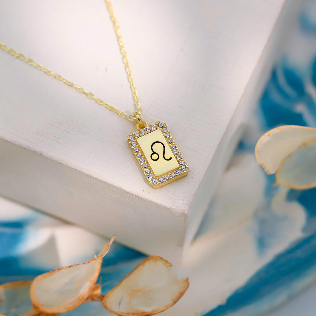 Elegant Personalized Initial Zodiac Engraving Necklace on Tag Pendant in Sterling Silver