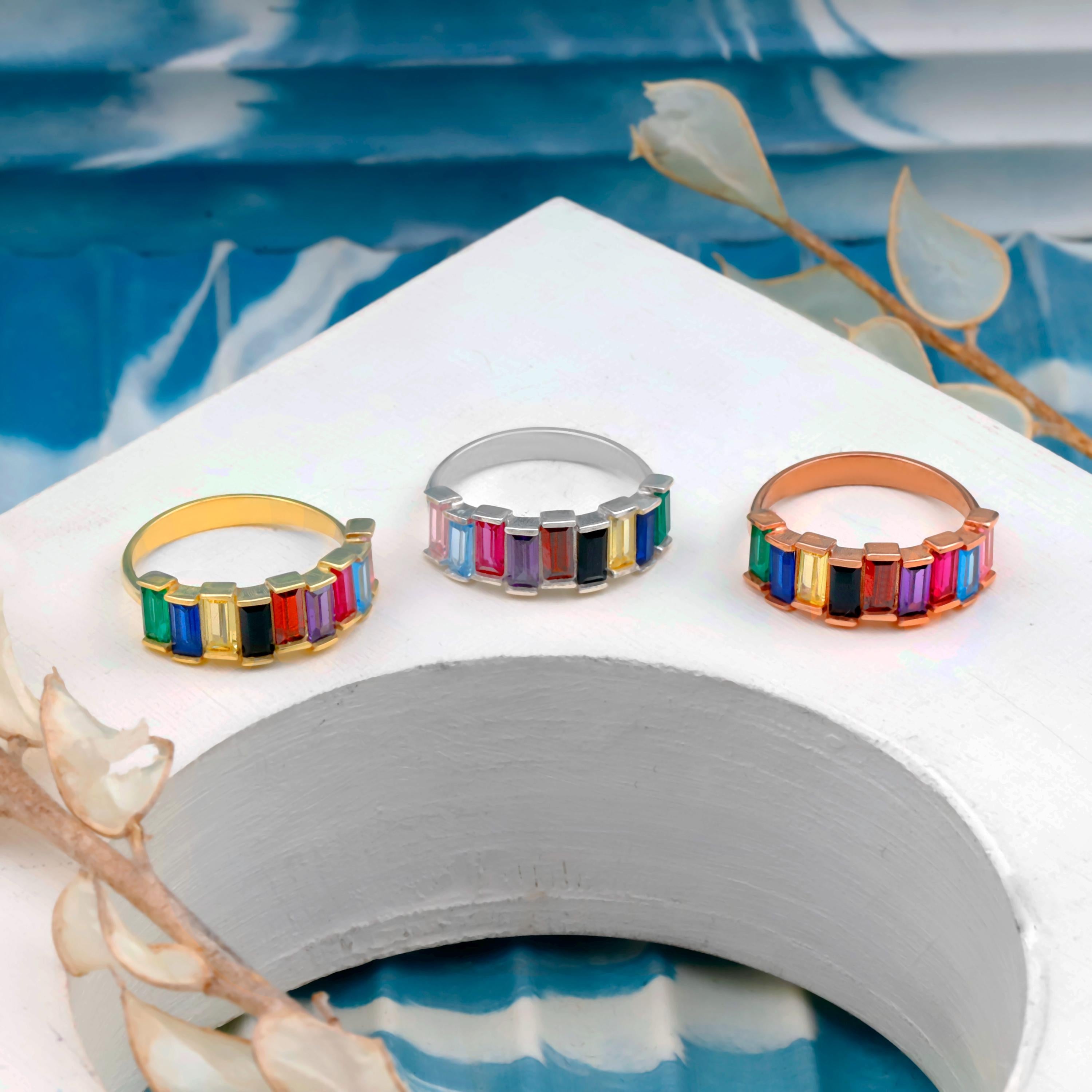 Baguette Gemstone Ring | Adjustable Birthstone Jewelry in Sterling Silver