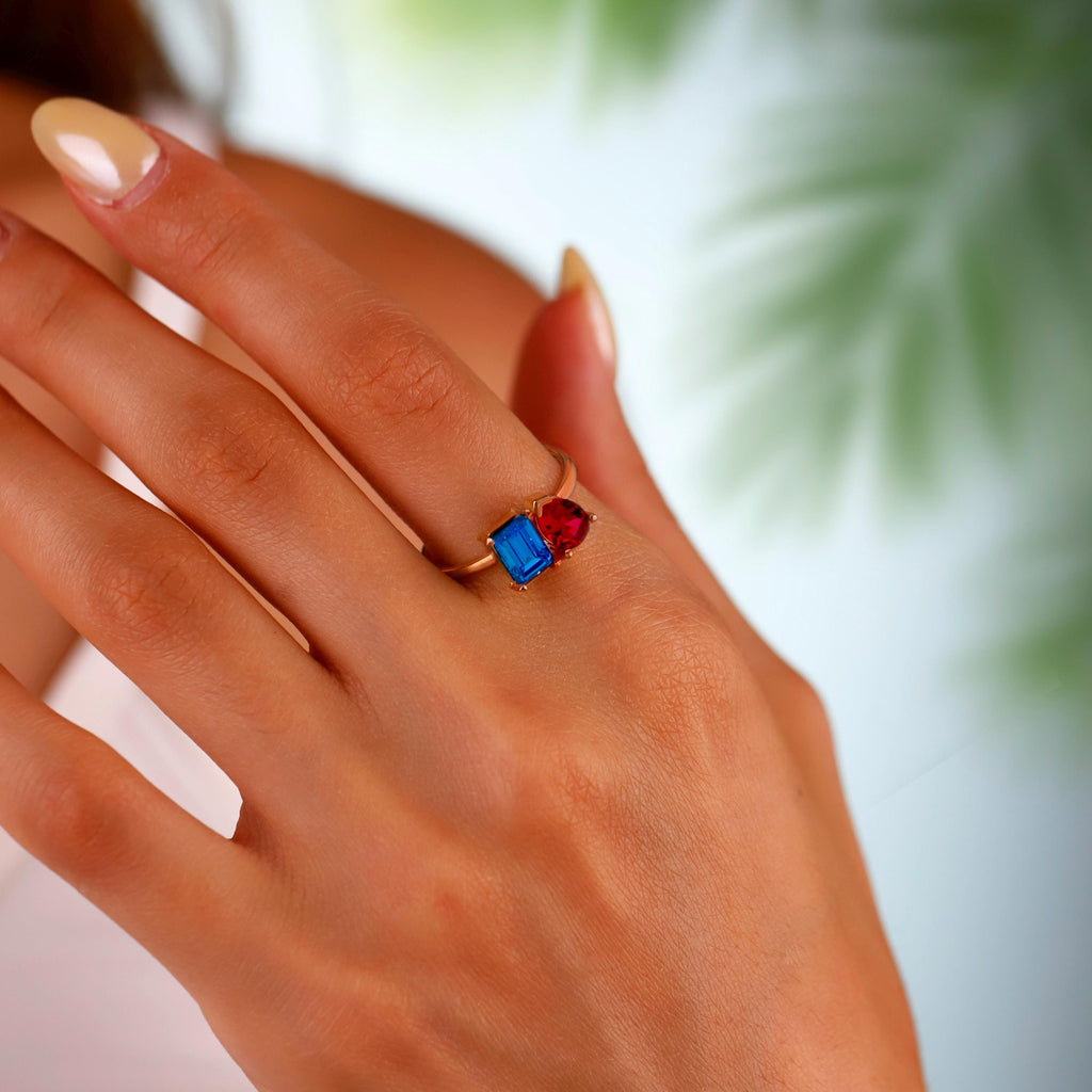 Toi Et Moi Double Birthstone Ring - Sterling Silver Heart & Baguette Design