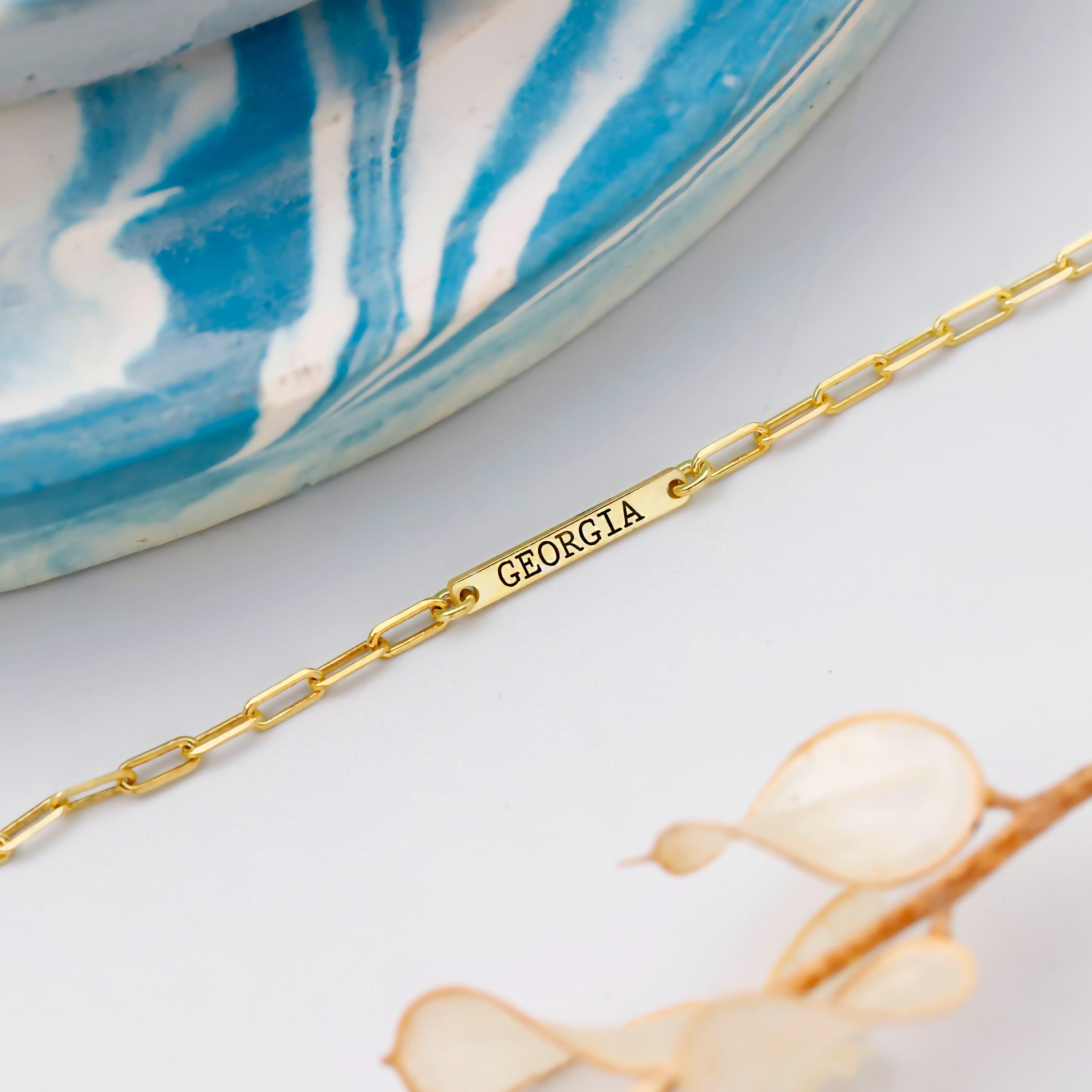 Personalized Engraved Bar Necklace | Sterling Silver & Rose Gold on Paperclip Chain