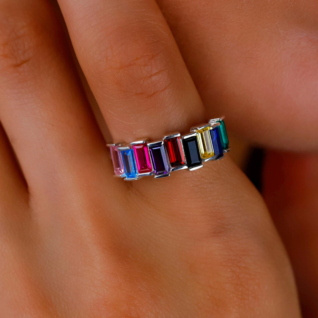 Baguette Gemstone Ring | Adjustable Birthstone Jewelry in Sterling Silver