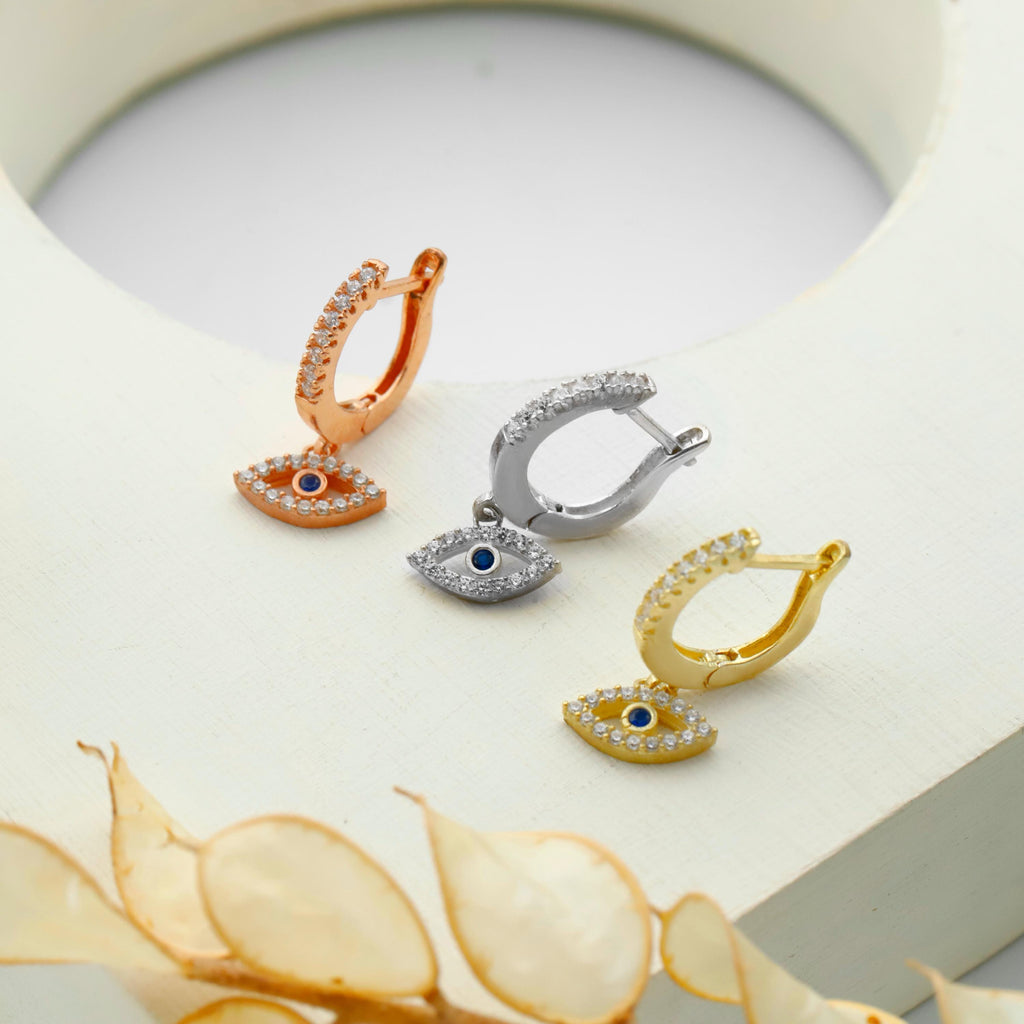 Evil Eye Huggie Hoops in 925 Sterling Silver