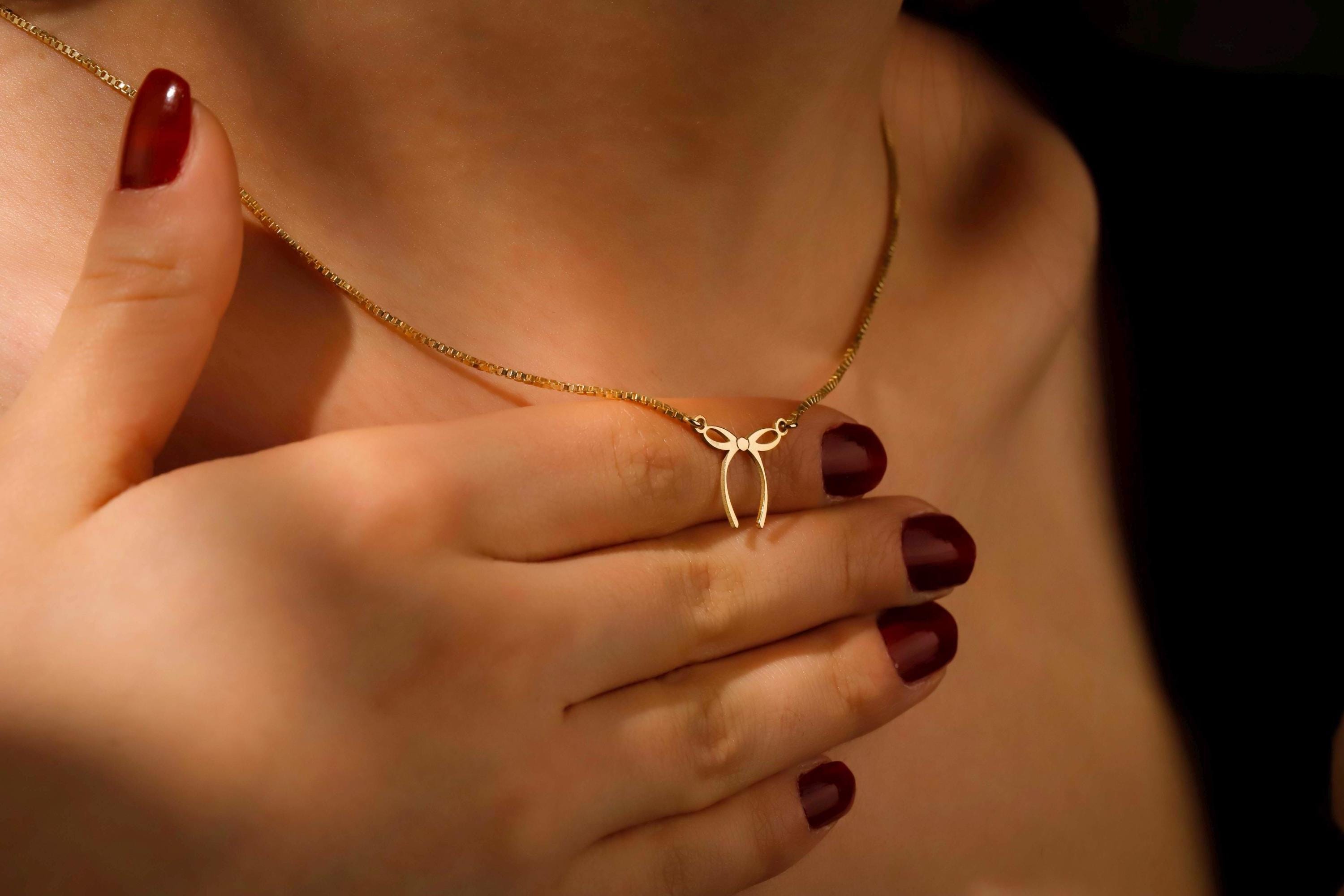 Dainty Bow Necklace by SilverGoldandRose - 14K Gold Ribbon Pendant