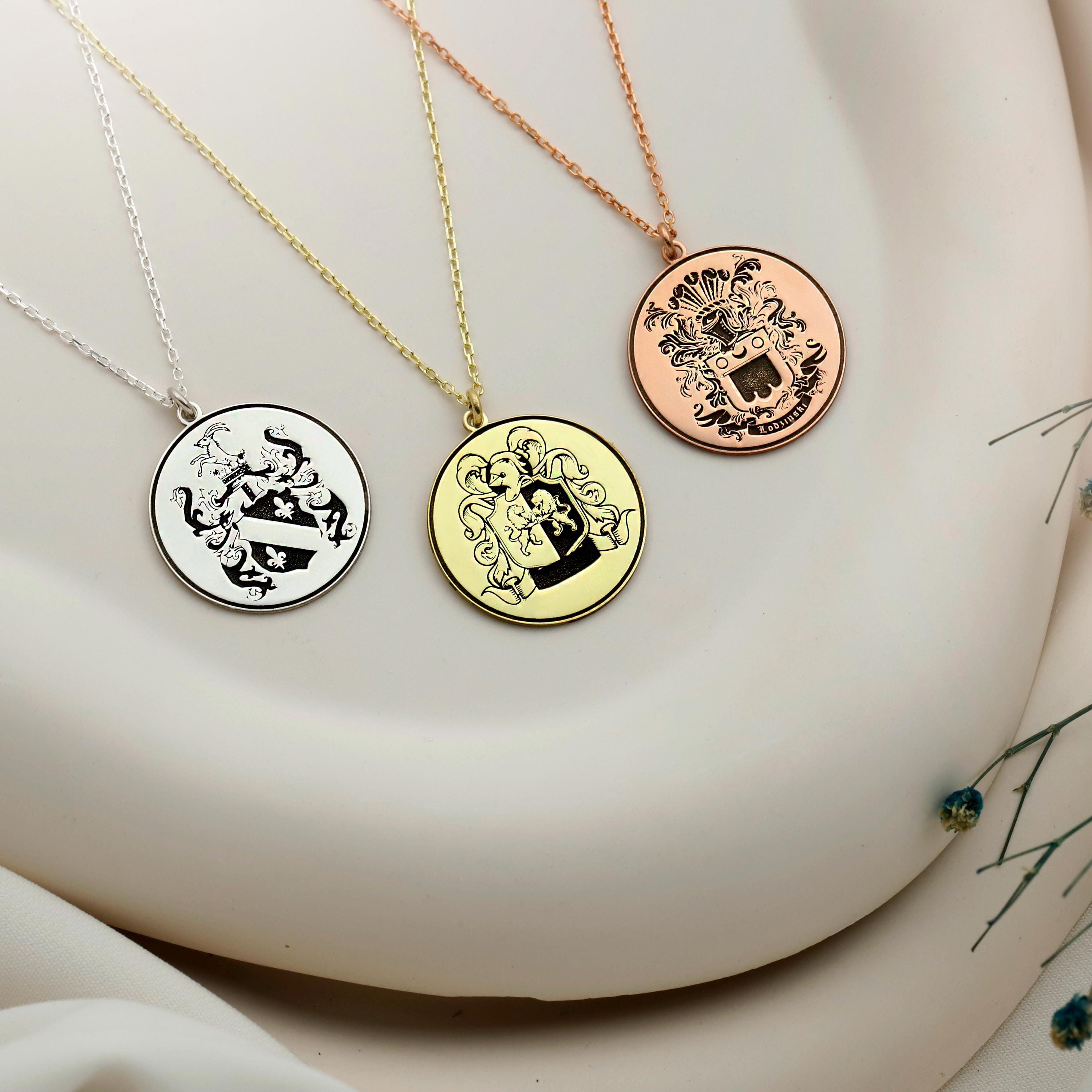 Heraldic Haven Custom Family Crest Necklace - Engraved Personalized Coat of Arms Pendant