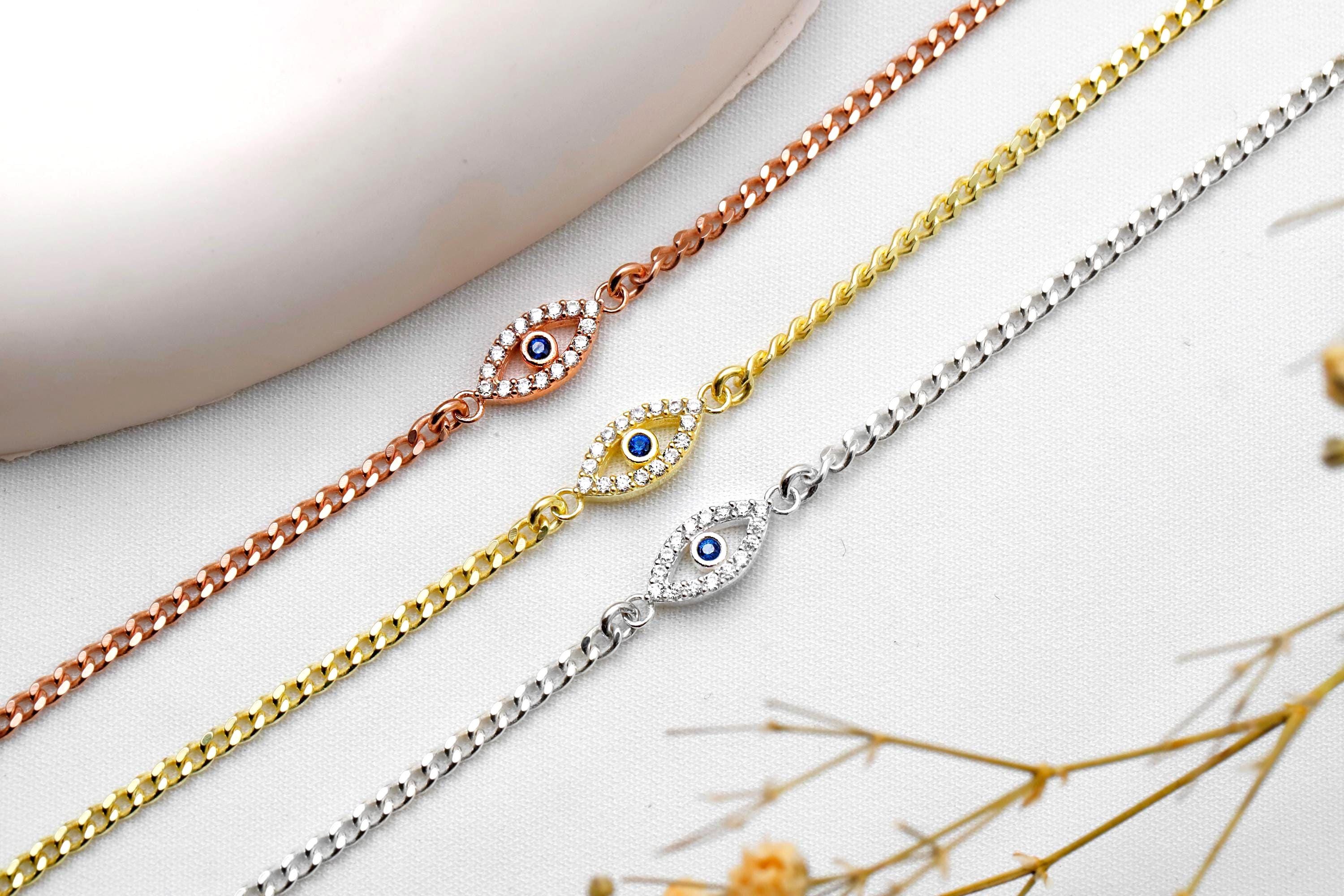 Evil Eye Charm Necklace with Curb Chain in 925 Sterling Silver