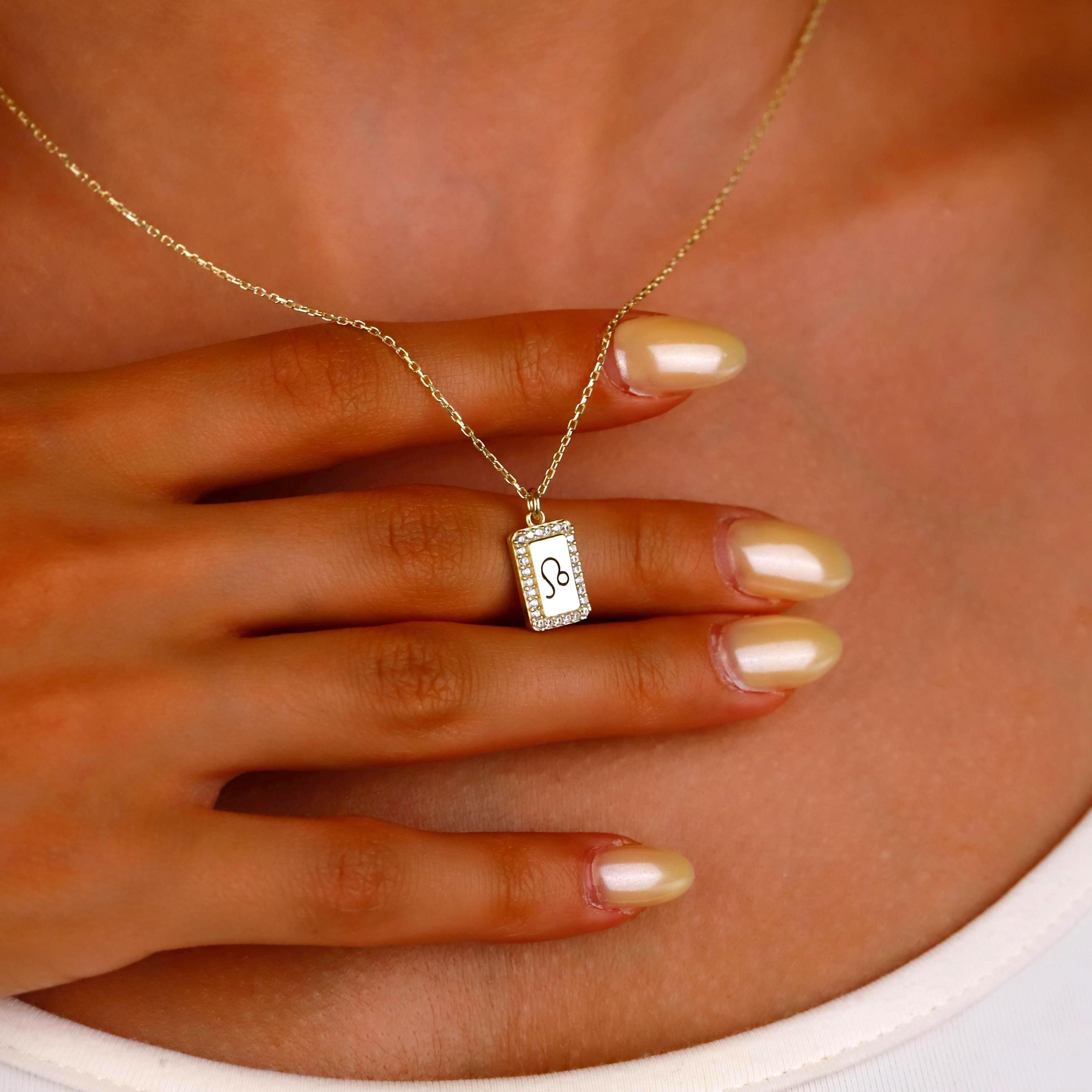 Elegant Personalized Initial Zodiac Engraving Necklace on Tag Pendant in Sterling Silver