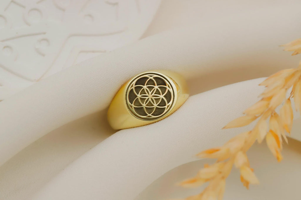14K Gold Flower of Life Signet Ring - Stunning Sterling Silver Jewelry