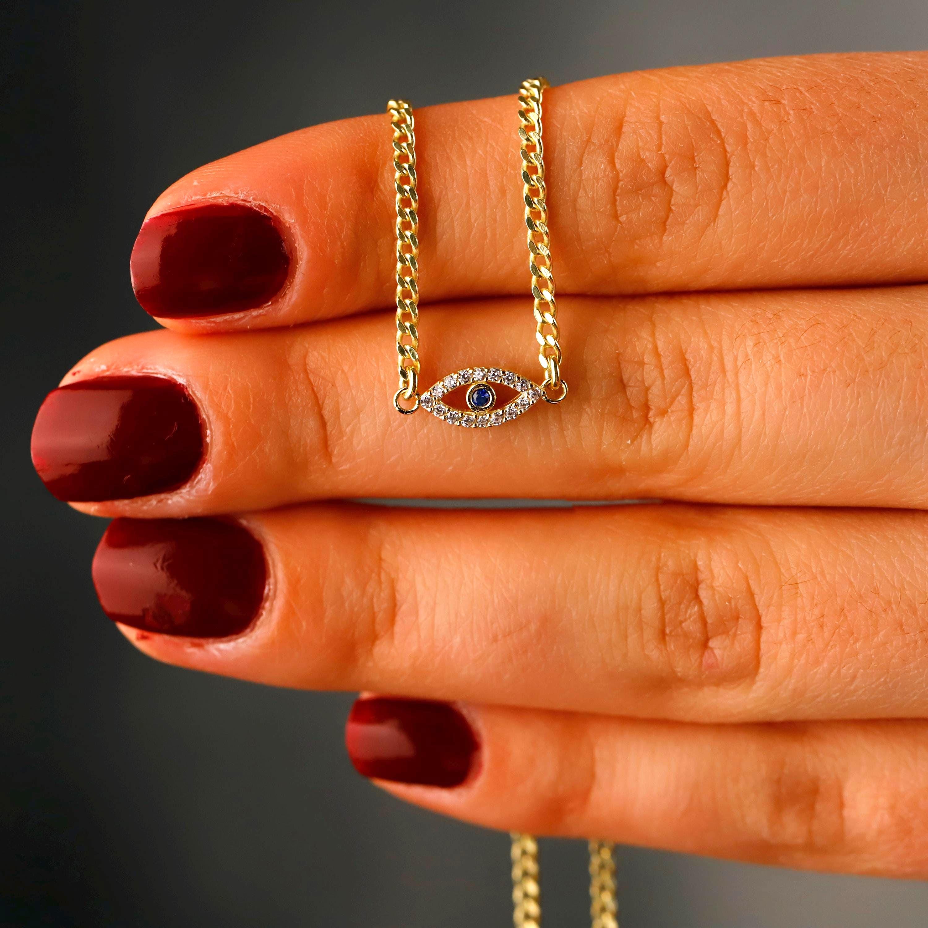 Evil Eye Charm Necklace with Curb Chain in 925 Sterling Silver