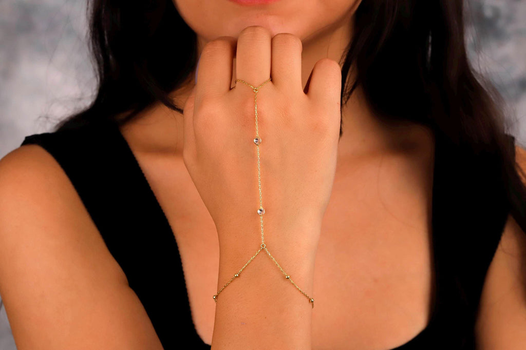 Glamour Gold Beaded Hand Chain Bracelet with Dazzling CZ Stone