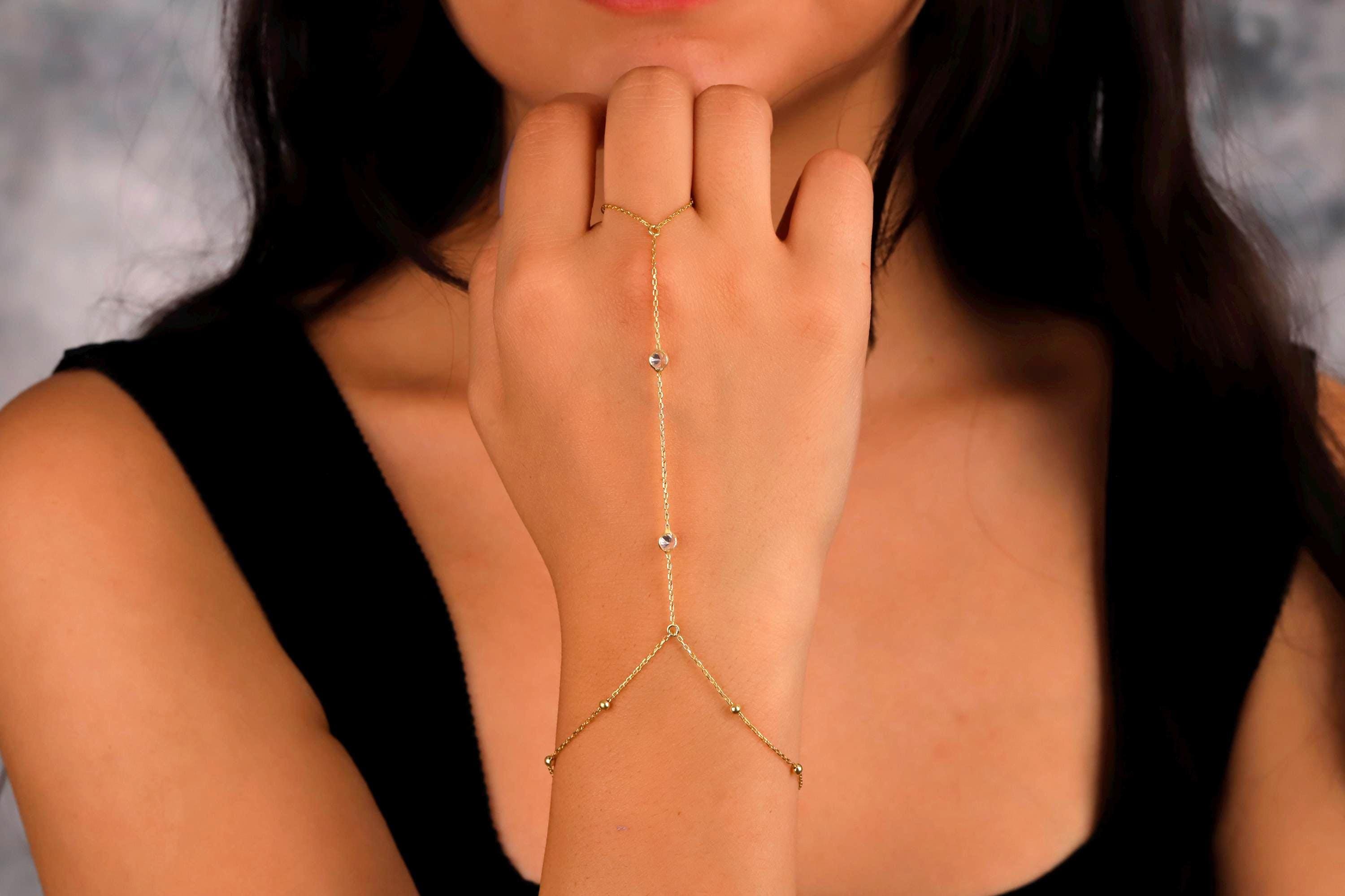 Glamour Gold Beaded Hand Chain Bracelet with Dazzling CZ Stone