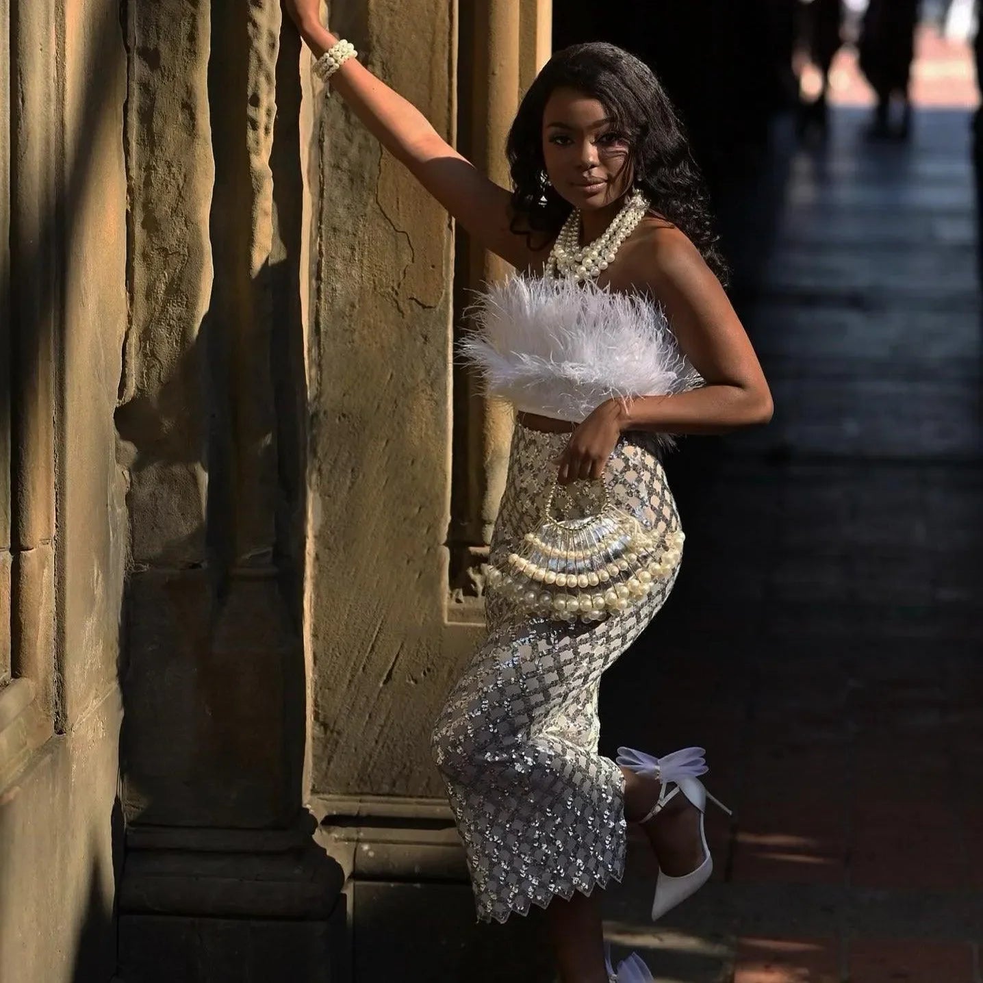 Invitation Only Feather Sequins White Two Piece Set