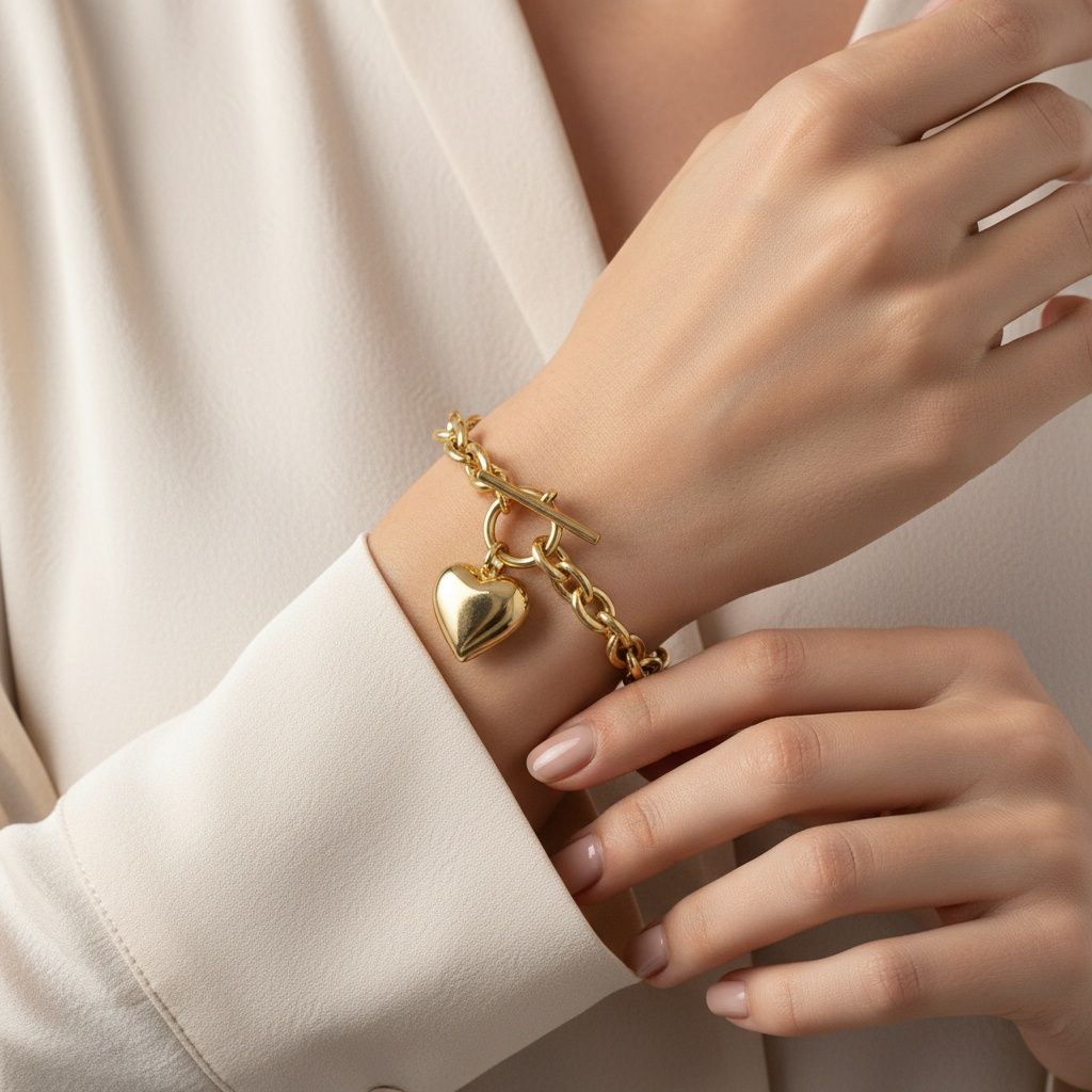 Toggle Heart Rolo Chain Bracelet 18K Gold Steel Stylish Chic Jewelry