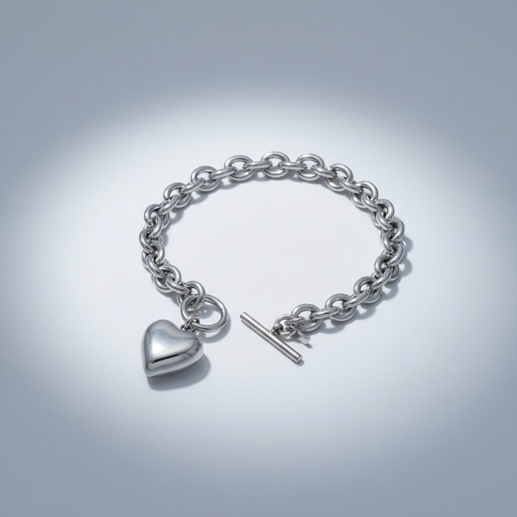 Bracelet Silver Steel Toggle Heart Rolo Chain Stylish Jewelry Accessory