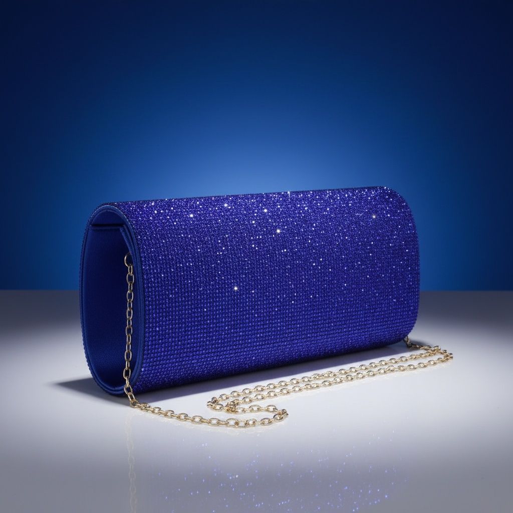Evening Clutch Bag Blue Rhinestone Flap Stylish Chic XLong